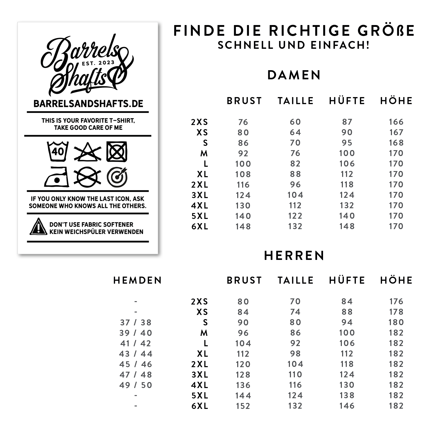 Barrels and Shafts Women's T-Shirt - Black Das Bild zeigt eine Größentabelle für Damen- und Herren-T-Shirts der Marke "Barrels and Shafts". Links sind Pflegehinweise für das T-Shirt abgebildet, rechts finden sich die Maße für die verschiedenen Größen.