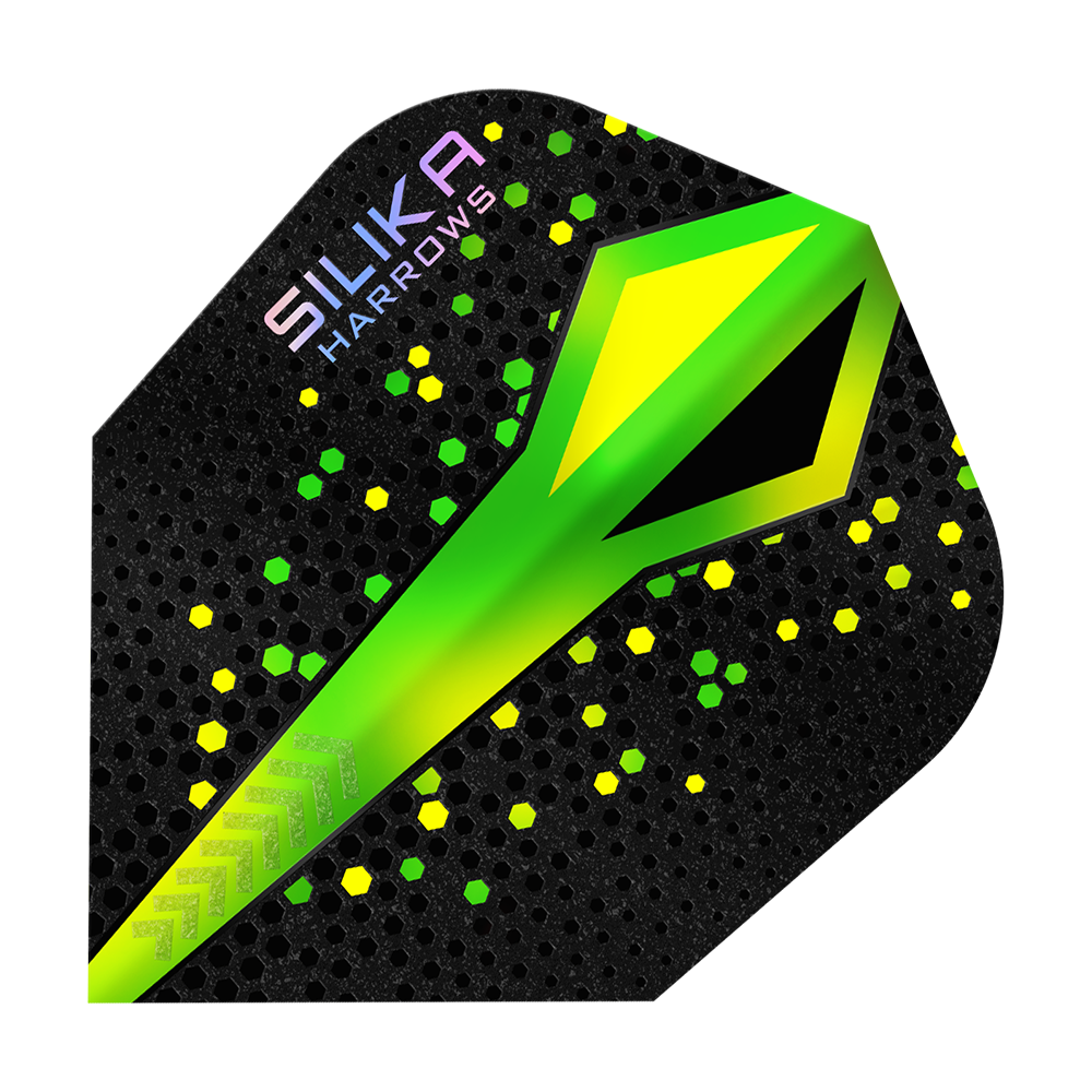 Harrows Silika Colorshift Tough Crystalline Coating Green No6 Flights Harrows Silika Colourshift Tough Crystalline Coating No6 Flights werden ausgestellt. Das Bild zeigt detailreich die spezielle Oberflächenstruktur.