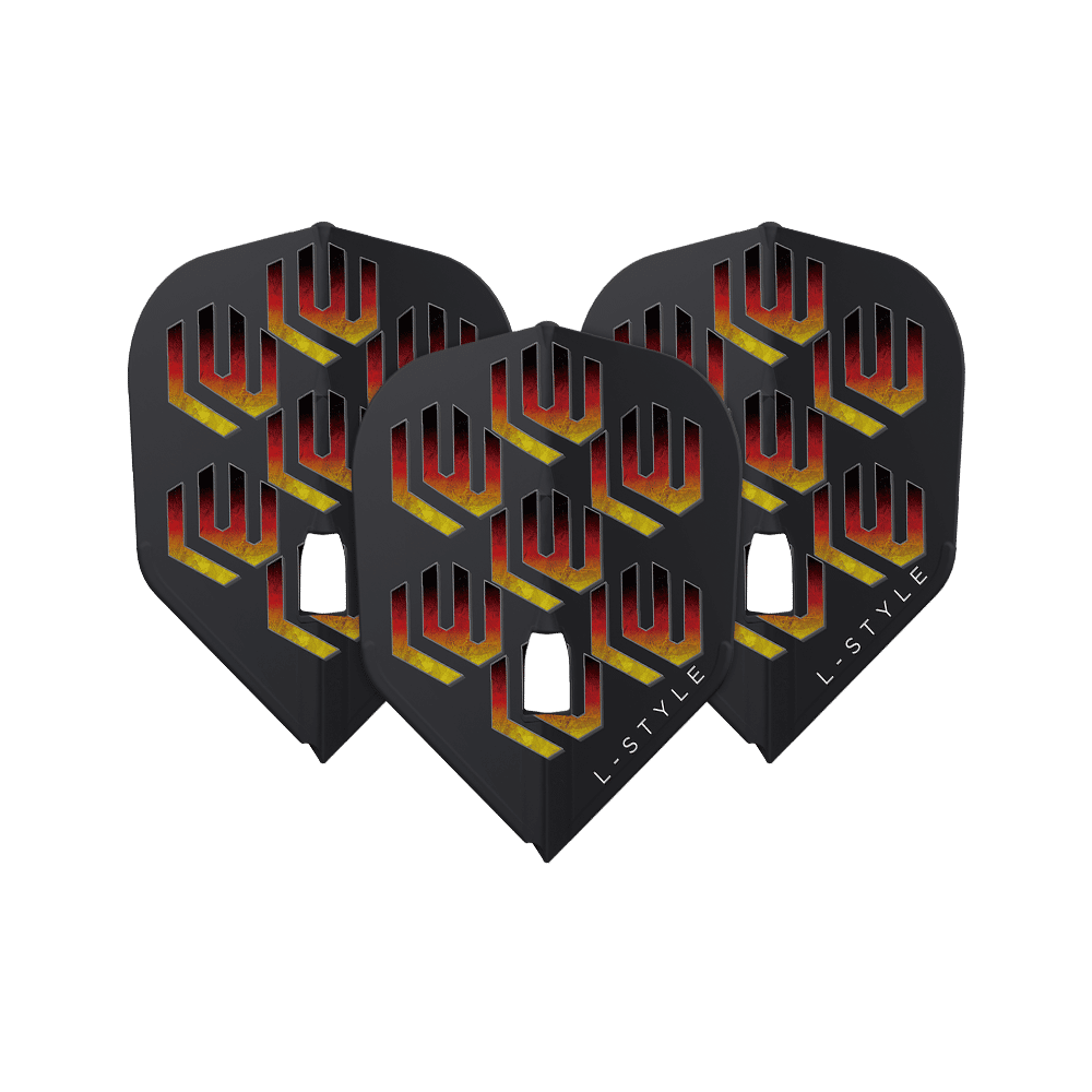 L-L-Styleukas Wenig V1 Black L3PRO Flights Das Bild zeigt drei schwarze Dart-Flights mit einem auffälligen roten und gelben Muster. Auf jedem Flight steht unten rechts das Wort "L-STYLE".