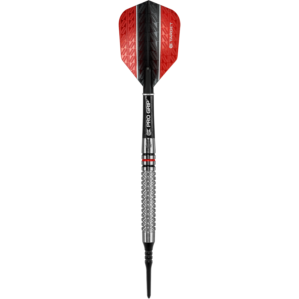 Target Vapor8 05 soft darts - 18g Das Bild zeigt einen Target Vapor8 05 Softdart mit einem Gewicht von 18 Gramm. Der Dart hat eine rote und schwarze Flight, einen silbernen Barrel mit Griffstruktur und einen schwarzen Schaft.