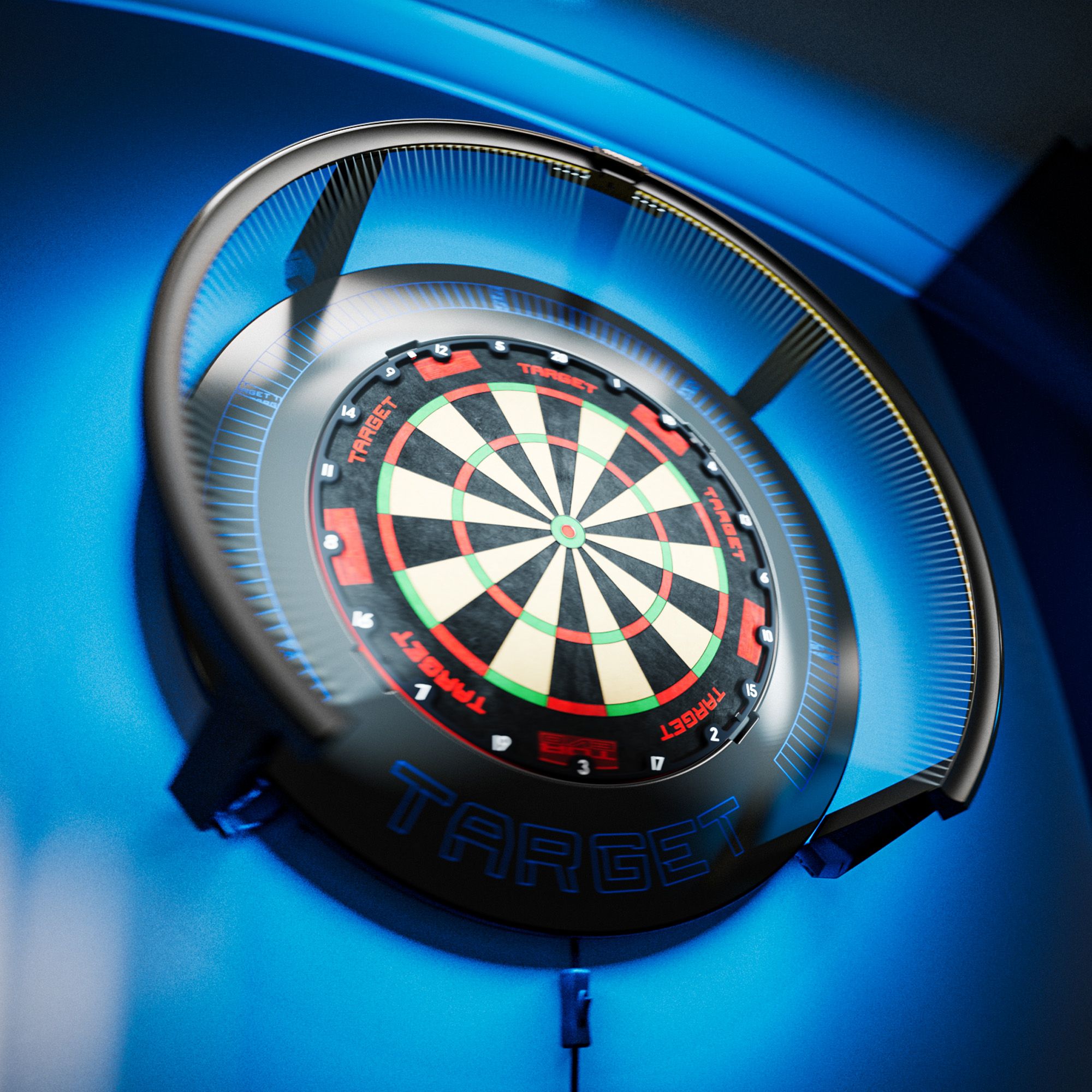 Target Corona Vision Notched Dartboard Surround with Lighting Das Target Corona Vision Notched Dartboard Surround mit Beleuchtung ist im Bild abgebildet. Verschiedene Ansichten sind dargestellt.