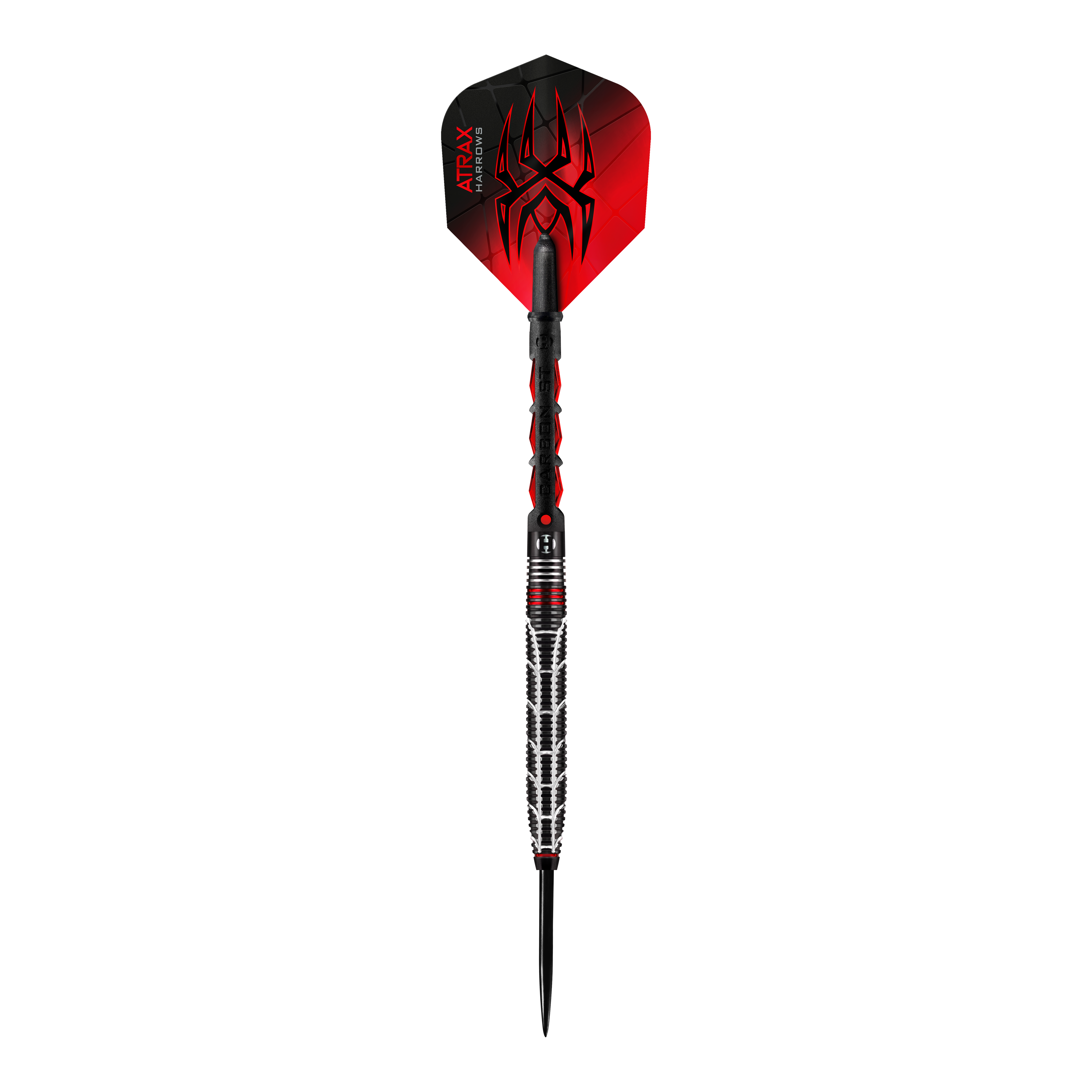 Harrows Atrax Steeldarts Das Bild zeigt einen modernen Steeldartpfeil mit auffälligem Design. Die Flights sind rot-schwarz und tragen ein Spinnennetzmuster mit der Aufschrift "ATRAX".