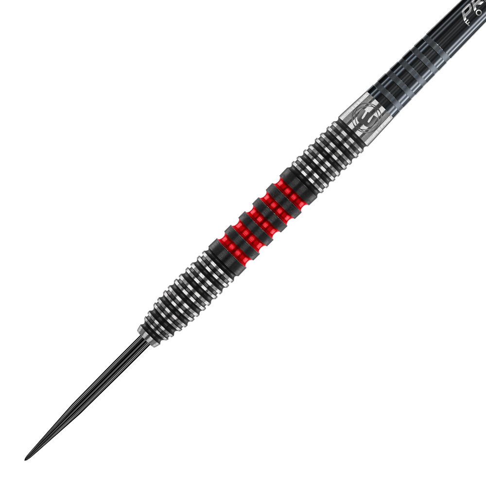 1462_Winmau_Joe_Cullen_90_Steeldarts_2 Dieses Bild zeigt einen Winmau Joe Cullen Steeldart. Der Dartpfeil hat ein schwarz-silbernes Design mit roten Akzenten.