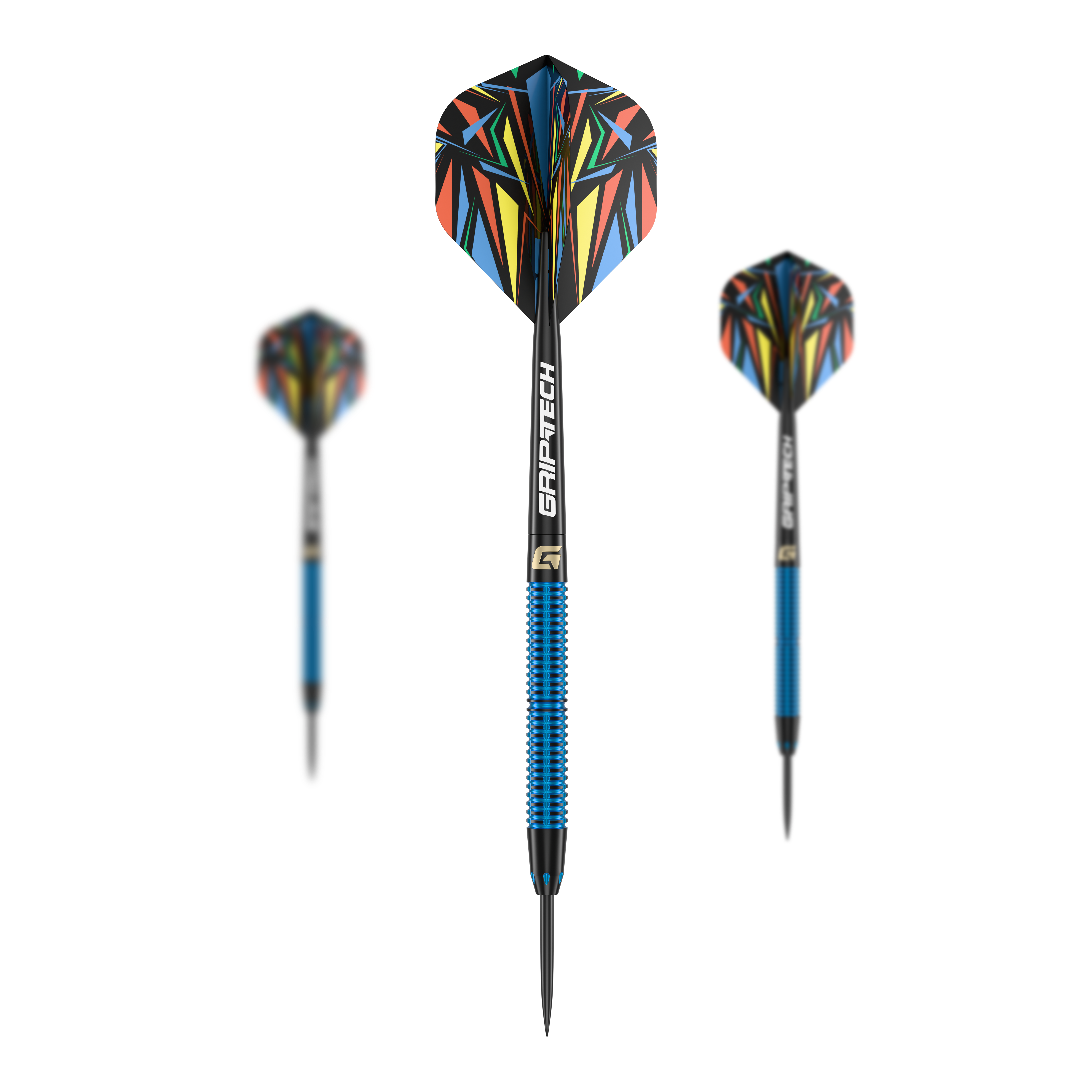 GOAT Athlete Blue Brass Steeldarts - 12g Das Bild zeigt drei Steeldarts des Produkts "GOAT Athlete Blue Brass Steeldarts - 12g". Die Darts haben blaue Griffe und bunte Flights mit einem auffälligen Muster.
