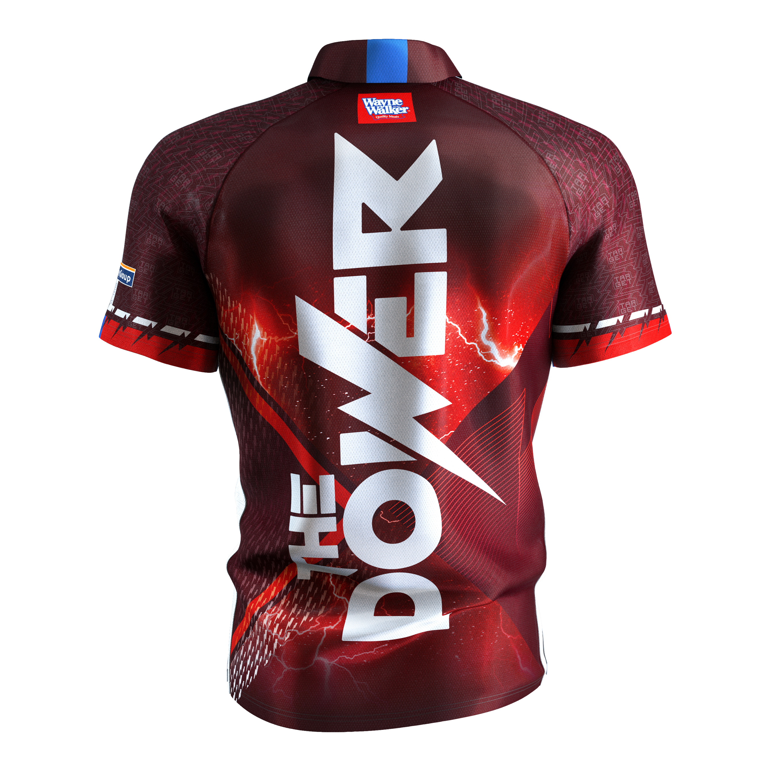 Target Coolplay Phil Taylor 2025 dart shirt Das Bild zeigt das "Target Coolplay Phil Taylor 2025 Dartshirt" von hinten. Auf dem Rücken steht in großen weißen Buchstaben "THE POWER".