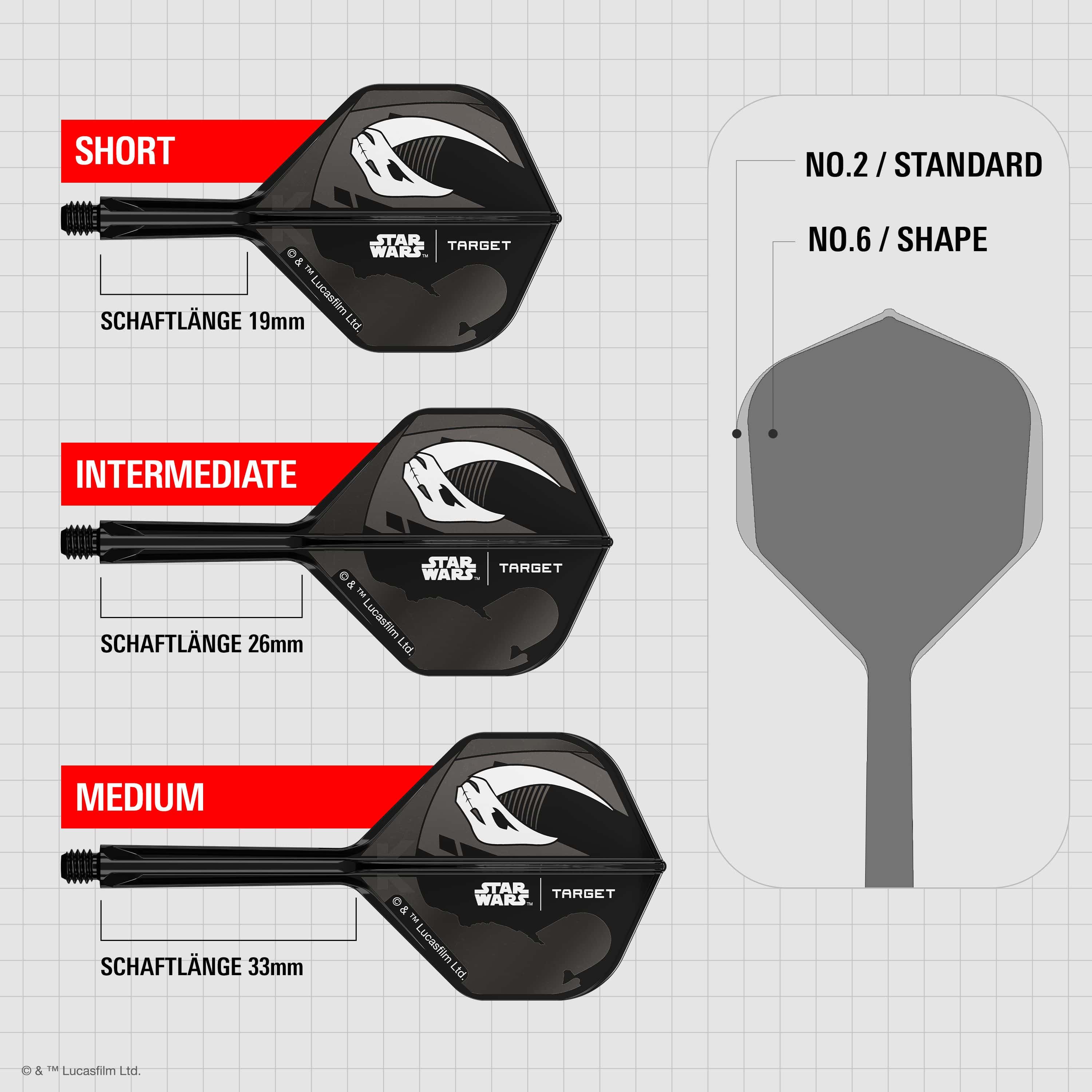 Target Star Wars K-Flex Set Mandalorian No2 Standard Flights Das Bild zeigt das Target Star Wars K-Flex-Set Mandalorian No2 Standard Flights. Es handelt sich um zwei Dart Flights mit Mandalorian-Motiv aus Star Wars.