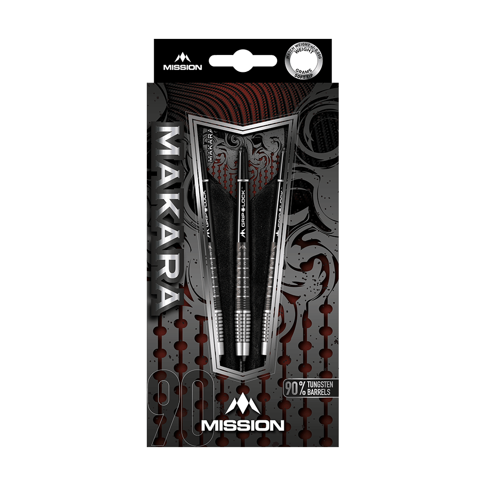 Mission Makara M2 soft darts - 20g Das Bild zeigt die Verpackung der Mission Makara M2 Softdarts mit einem Gewicht von 20g. Die Darts bestehen zu 90 % aus Tungsten und sind ansprechend gestaltet.