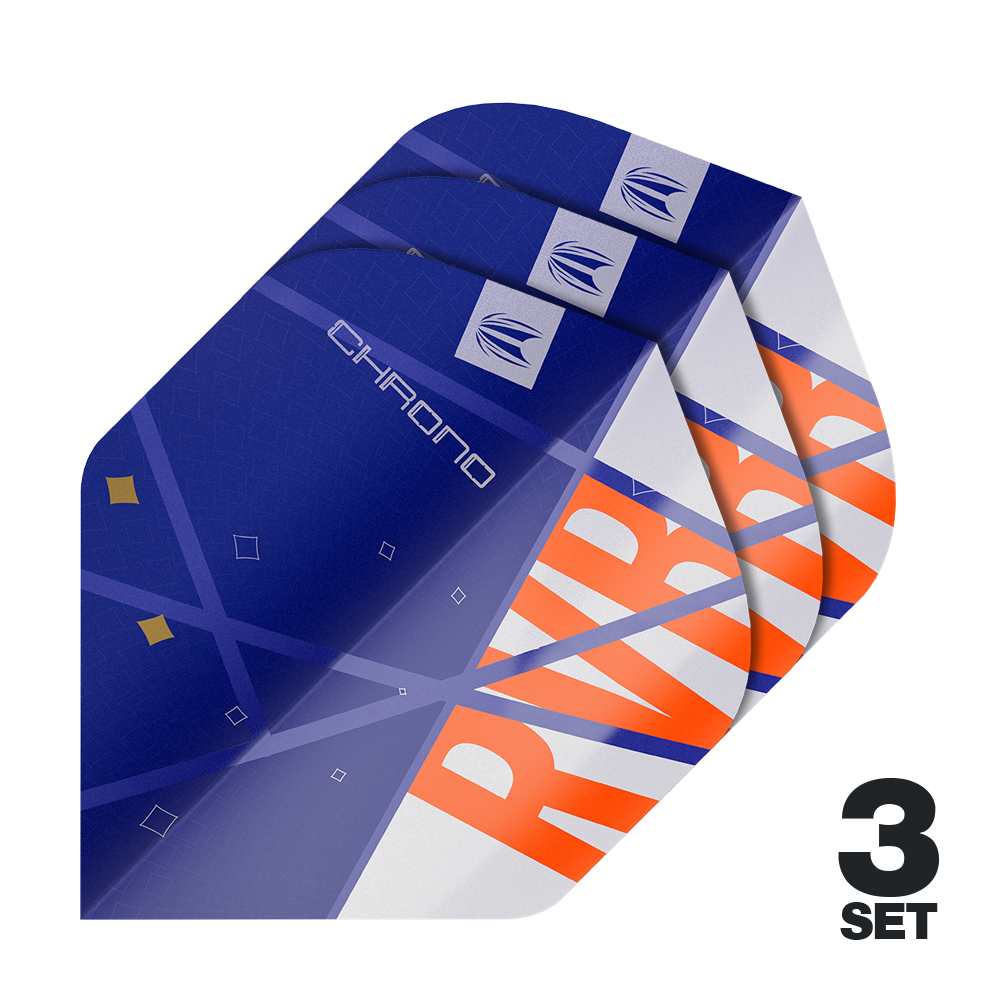Das Bild zeigt drei Sätze der Target Pro Ultra Raymond Van Barneveld Chrono No2 Standard Flights. Die Flights sind überwiegend blau mit orangefarbenen und weißen Akzenten gestaltet.
