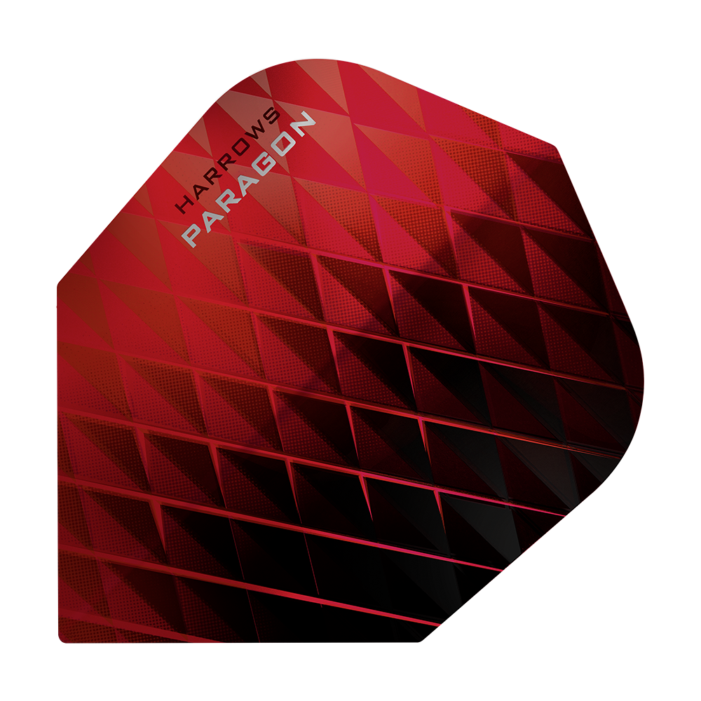 HR7602_Harrows_Paragon_Red_No2_Standard_Flights_1 Das Bild zeigt ein rotes Dart-Flight mit dem Namen "Harrows Paragon". Das Flight hat ein geometrisches Muster und die Worte "Harrows Paragon" sind oben links zu sehen.