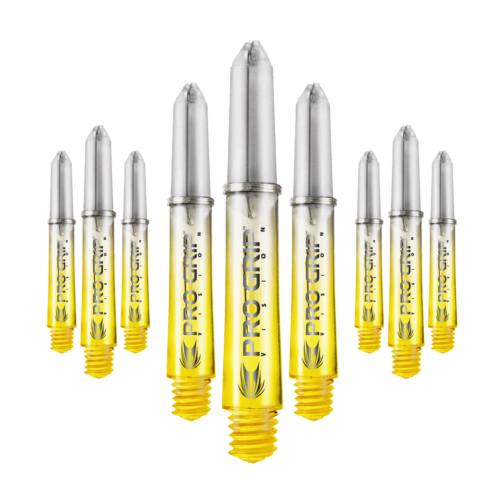 Target Pro Grip Vision Shafts - 3 Sets - Yellow Das Bild zeigt neun gelbe Dartschäfte mit silberfarbenen Spitzen, auf denen "PRO GRIP VISION" steht. Sie sind in einer leicht gebogenen Reihe angeordnet.