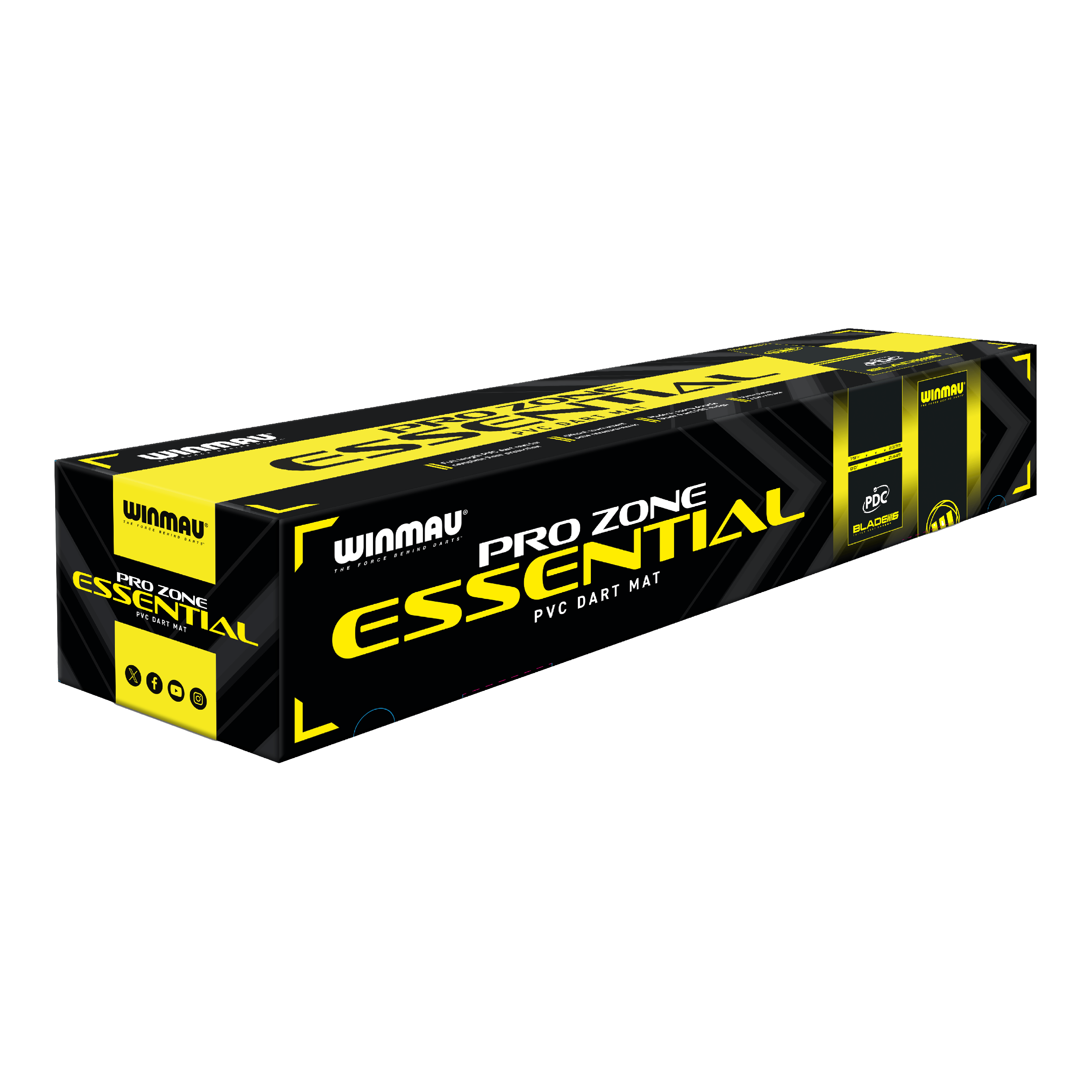 Winmau Pro-Zone Essential PVC dart mat Die Abbildung zeigt die Verpackung der 'Winmau Pro-Zone Essential PVC Dartmatte'. Die Box ist in den Farben Schwarz und Gelb gestaltet und trägt deutlich das Produktlogo.