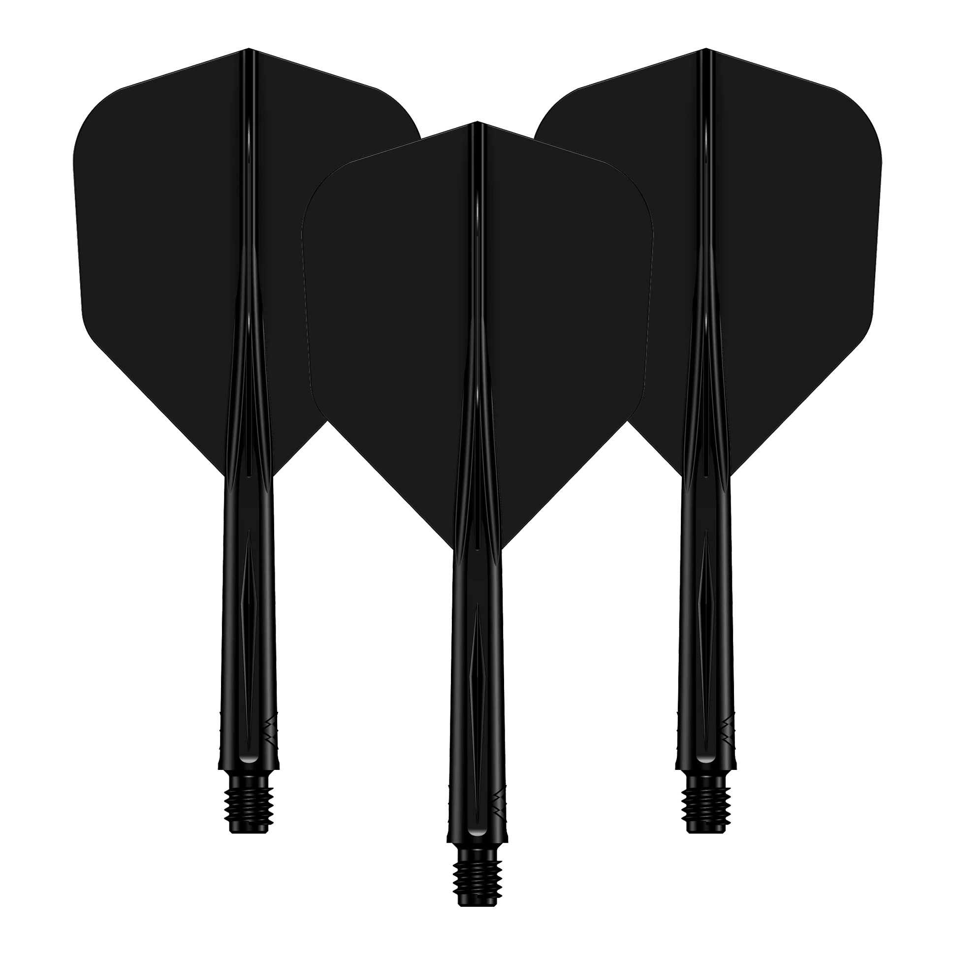 Mission Force 90 No6 Flight Shaft System - Black Das Bild zeigt drei schwarze Dart-Flights mit daran befestigten Schäften. Sie sind nebeneinander angeordnet und haben ein schlichtes, einfarbiges Design.