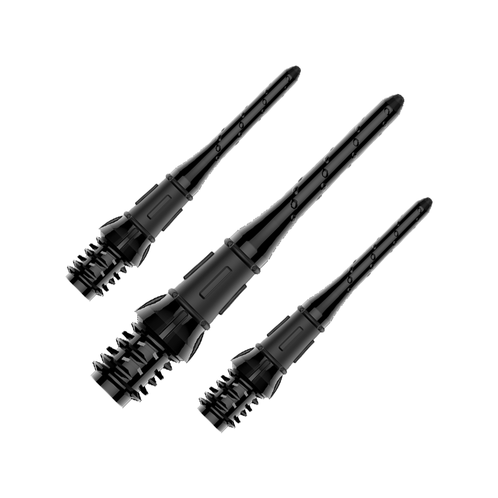 Das Bild zeigt drei schwarze Dartspitzen, die nebeneinander angeordnet sind. Sie haben eine strukturierte, geriffelte Basis und eine glatte, längliche Spitze.