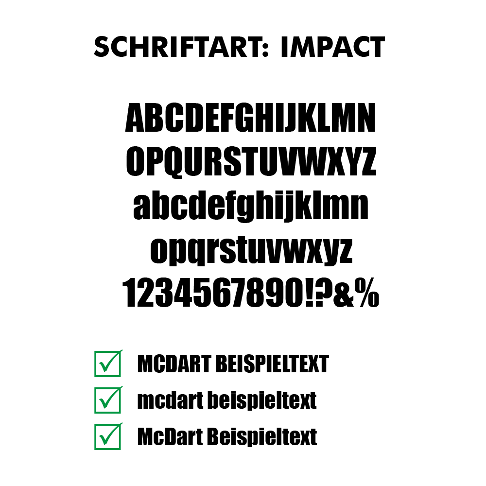 Flightdruck_Schriftart_Impact Oben steht der Titel „Schriftart Impact“ und darunter befindet sich ein großer, fett gedruckter Text mit dem Wort „FLIGHTDRUCK“. Unten werden drei grüne Häkchen neben den Stichpunkten „Fett“, „Klar“ und „Effektiv“ angezeigt.