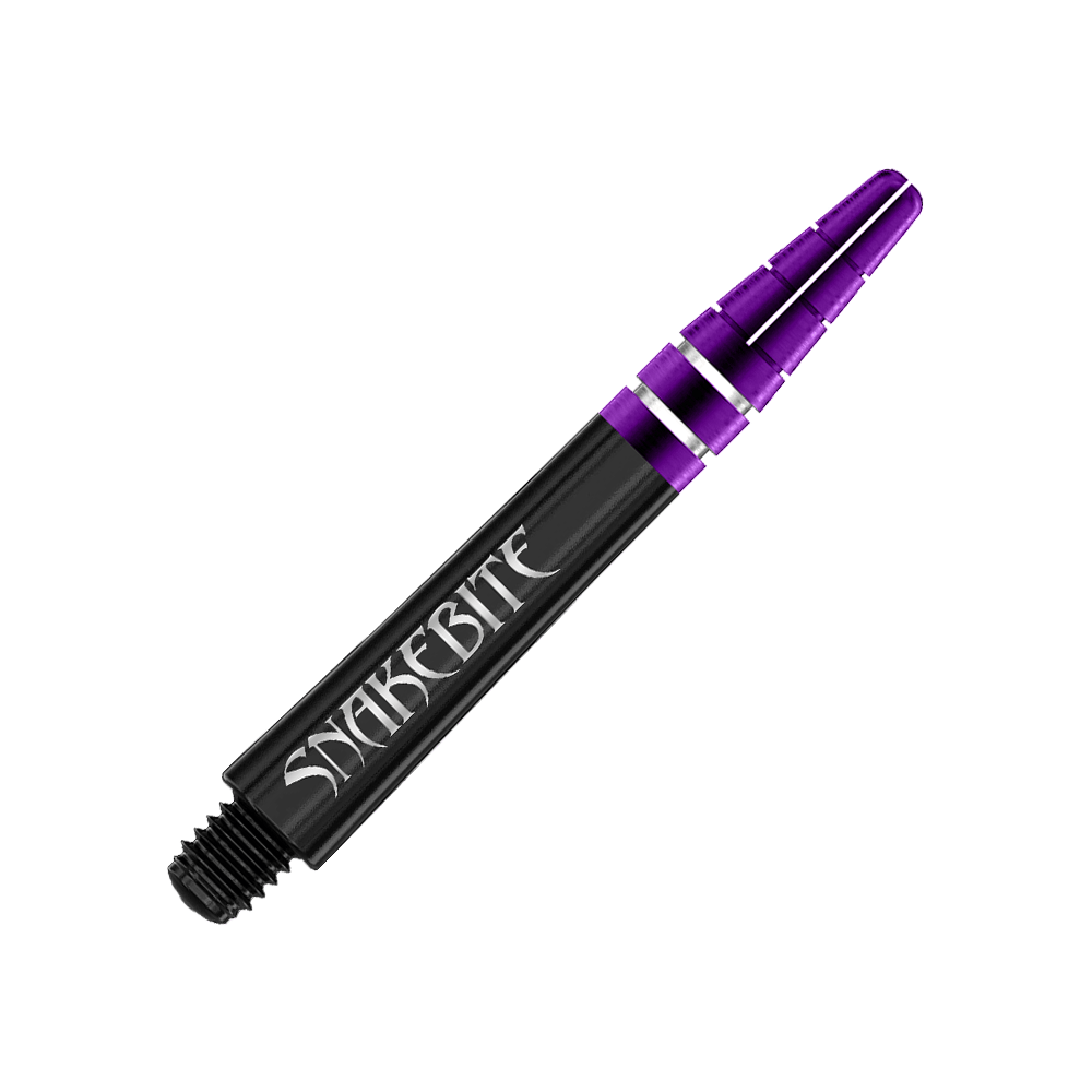 C697_Red_Dragon_Nitrotech_Peter_Wright_Black_Shafts_36mm_2 Das Bild zeigt einen schwarzen Dart-Shaft mit violetten und silbernen Akzenten. Auf dem Schaft steht das Wort "Snakebite" in weißer Schrift.
