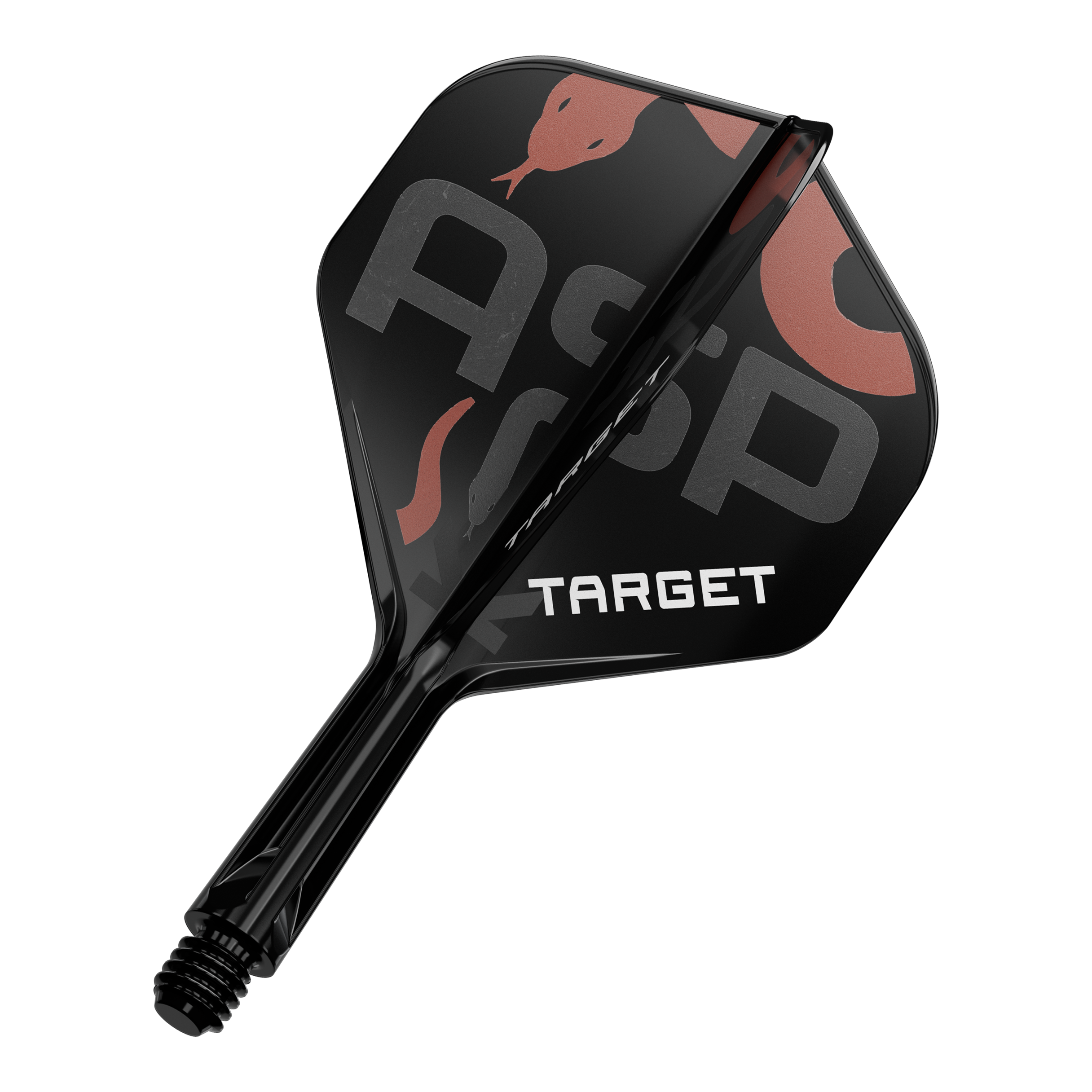 Target K-Flex Nathan Aspinall No2 Standard Flight Shaft System Das Bild zeigt ein schwarzes Dart-Flügel- und Schaftsystem mit der Aufschrift "TARGET". Auf dem Flügel sind zudem die Buchstaben "Asp" sowie eine Schlangenabbildung zu sehen.