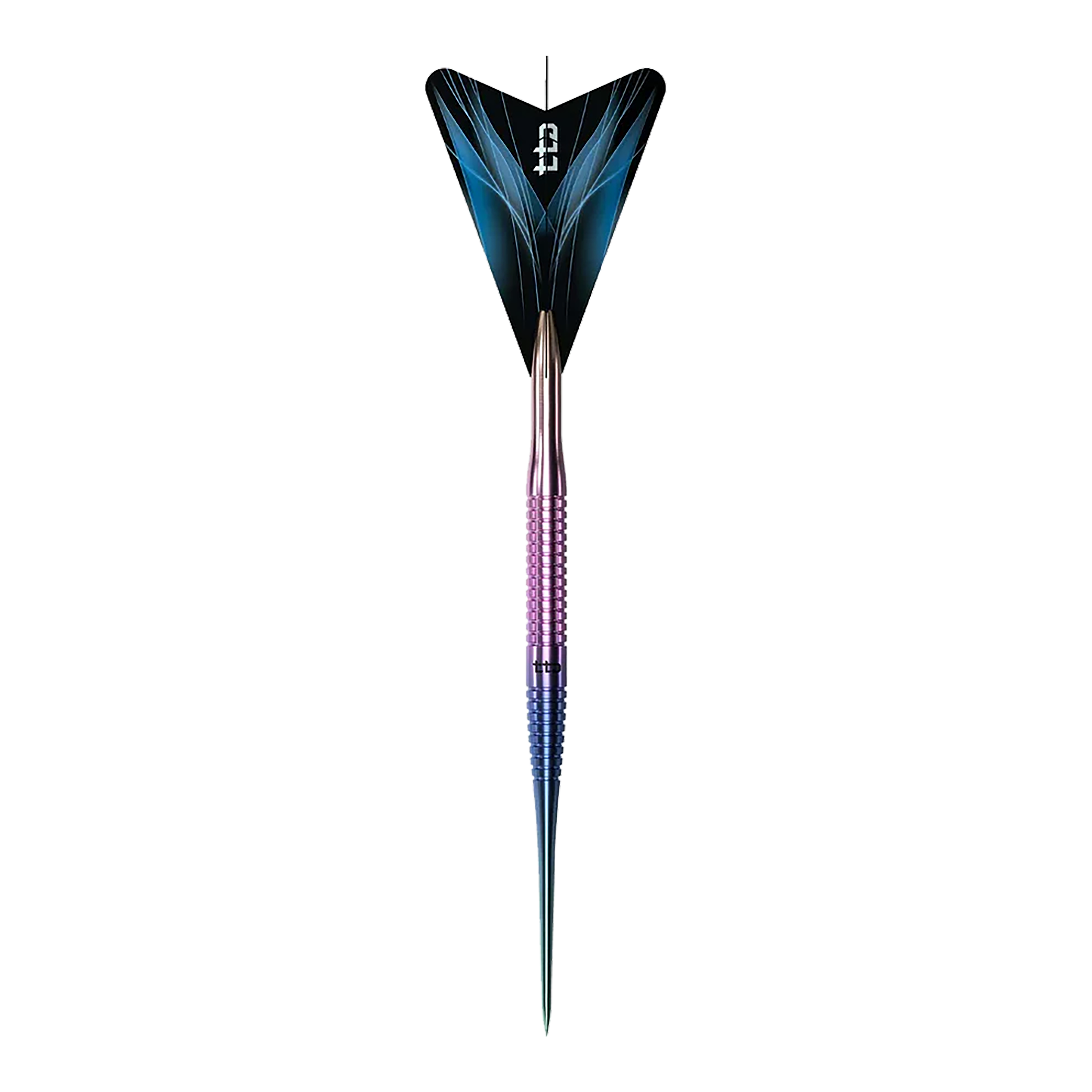 Caliburn TTD Complete Titanium T3 Rainbow Steeldarts - 7g. Abgebildet ist ein bunter Steeldartpfeil aus Titan, der speziell für Dartspieler entwickelt wurde.