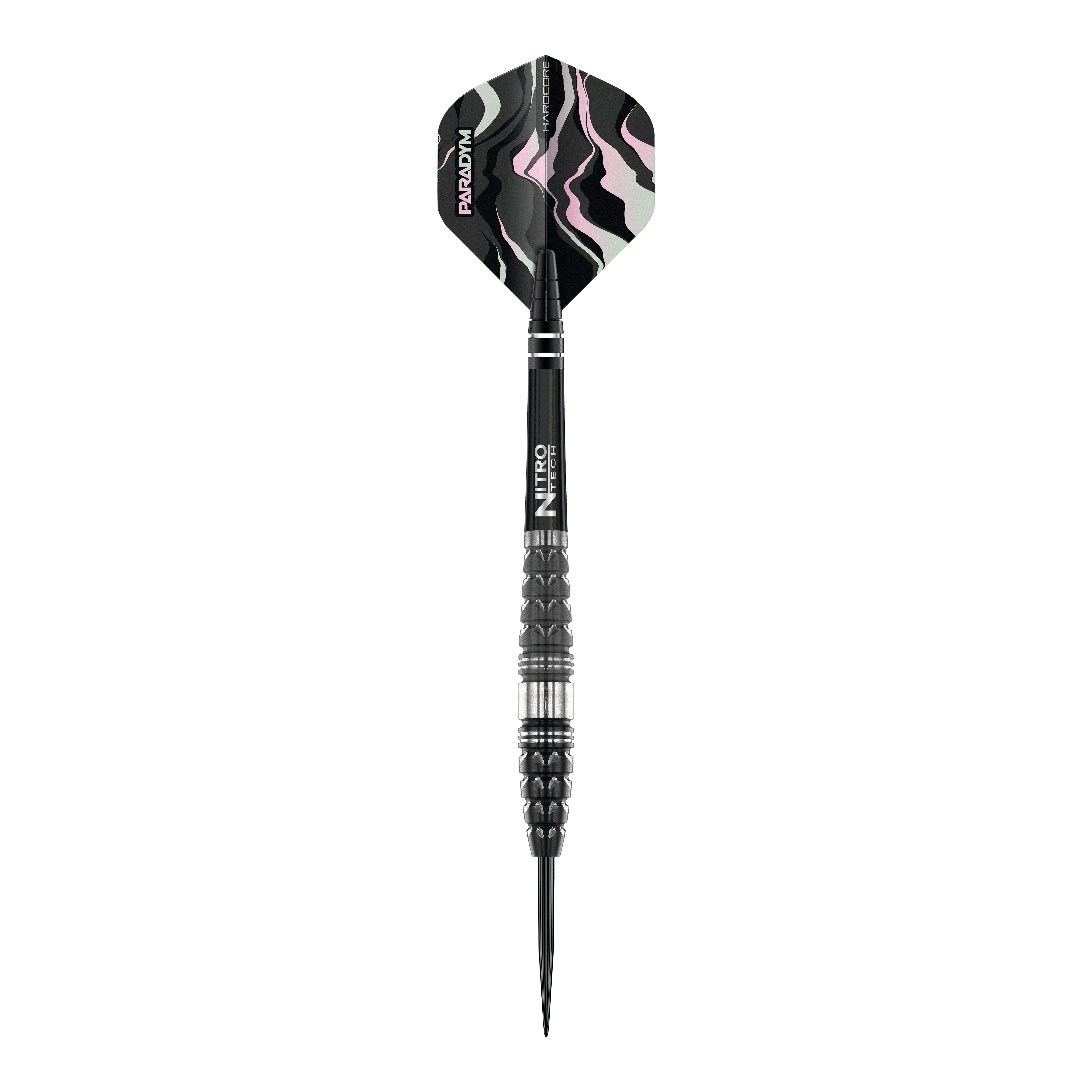 Red Dragon Paradym Torpedo Steel Darts Das Bild zeigt einen Red Dragon Paradym Torpedo Steeldart mit einem schwarzen, strukturierten Griff. Am Ende befindet sich ein Flight mit einem abstrakten Muster in Schwarz, Weiß und Rosa.