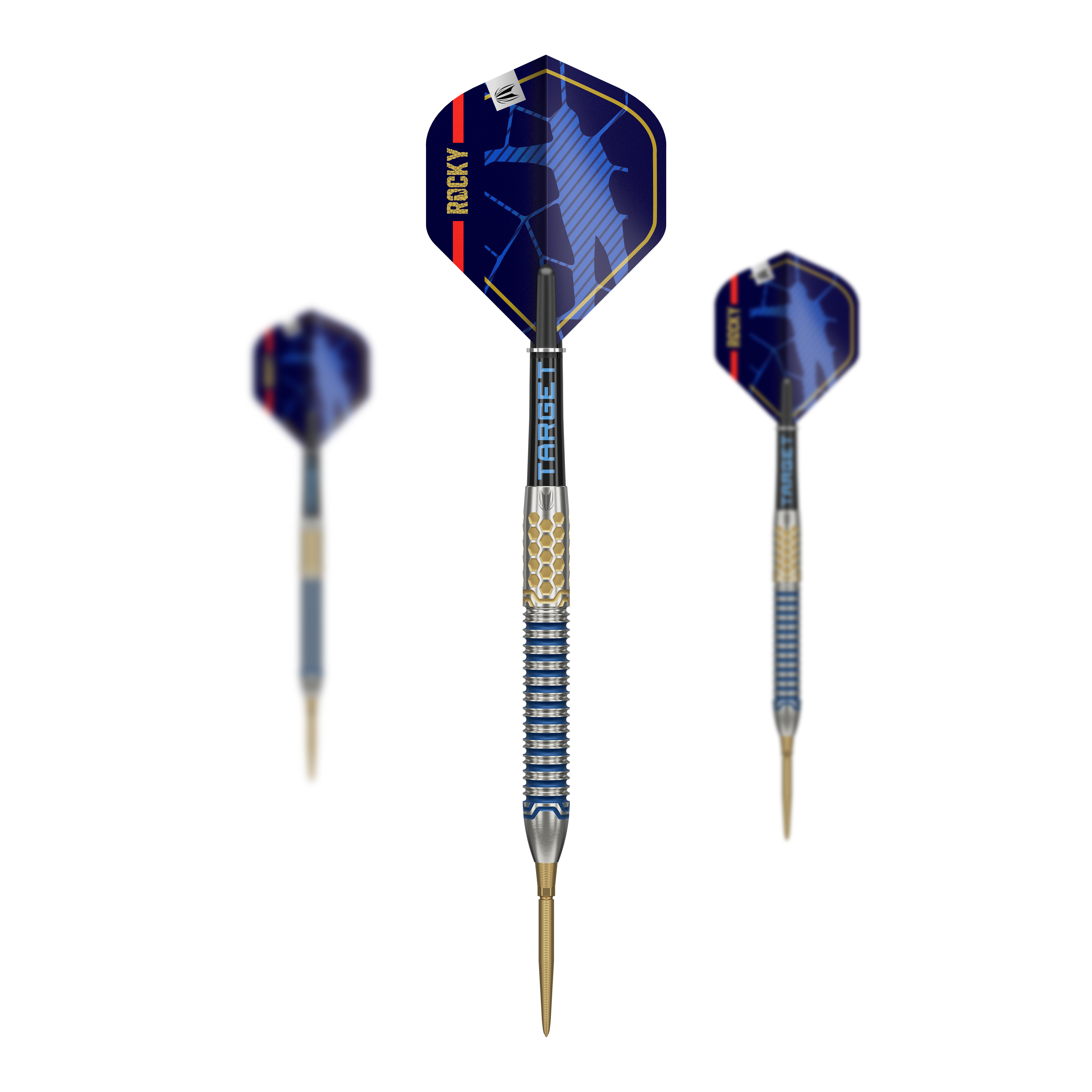 Target Josh Rock GEN1 Swiss Point Steel Darts Auf dem Bild sind die Target Josh Rock GEN1 Swiss Point Steeldarts zu sehen. Die Darts haben blaue Flights mit dem Namen "Rocky" und einen metallischen Schaft mit goldenen Akzenten.