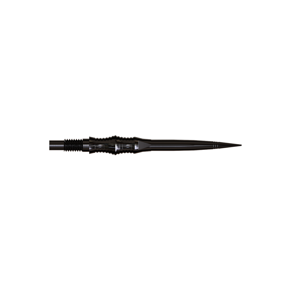 Harrows Quick Point Apex Spire Elite Series Dartspitzen - Schwarz Apex Spire Black Elite Serie Dartspitzen in 30mm werden gezeigt. Die Spitzen sind dunkel und schmal.