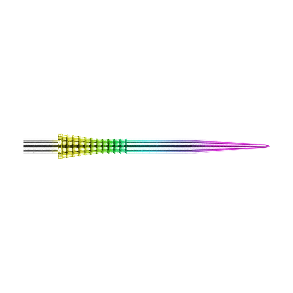 Red Dragon Raptor Gripped Rainbow steel dart tips 30mm Auf dem Bild ist eine Red Dragon Raptor Gripped Rainbow Steeldartspitze mit einer Länge von 38 mm zu sehen. Die Spitze besitzt einen farbigen Regenbogeneffekt und eine geriffelte Grifffläche.