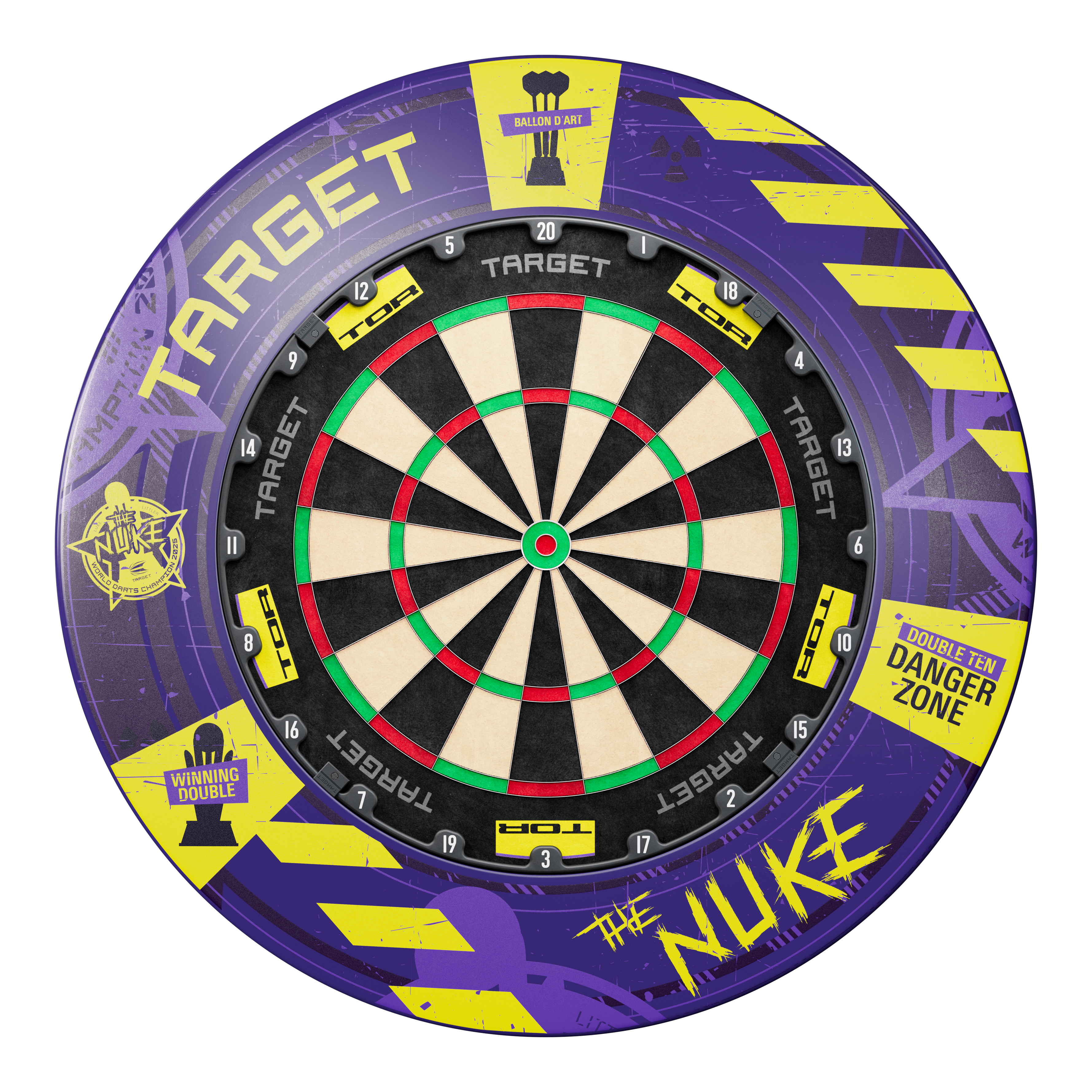 Target Luke Littler World Champion 2025 Surround Goal Steel Dartboard Bundle Das Bild zeigt ein Dartboard-Bundle mit einem farbenfrohen Surround im Luke Littler World Champion 2025 Design. Auf dem Surround stehen Begriffe wie "Target", "The Nuke" und verschiedene grafische Elemente und Symbole.