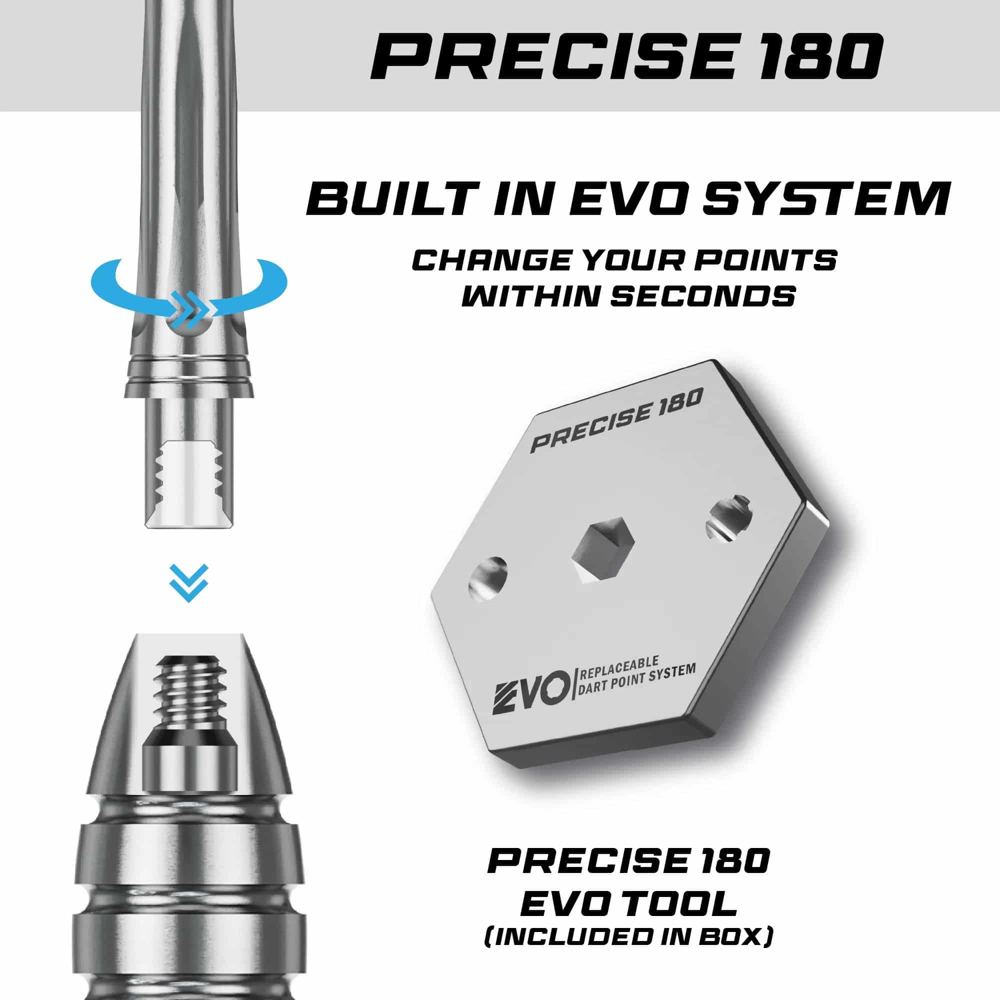 Auf dem Bild sind die Precise 180 MRV1 Steeldarts - 23g zu sehen. Diese Darts sind für ihre Präzision und Qualität bekannt.
