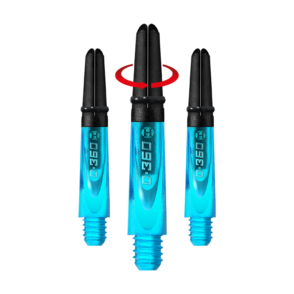 HR443_Harrows_Carbon_360_Shafts_Aqua_35mm_1-_Symbol Das Bild zeigt drei Aqua-farbene Harrows Carbon 360 Shafts für Darts. In der Mitte gibt ein roter Pfeil einen drehbaren Mechanismus an.