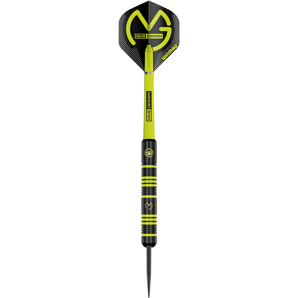 1233_Winmau_Michael_Van_Gerwen_MvG_Ambition_Steeldarts_1tY1VGj9FcJWc8 Das Bild zeigt einen Winmau Michael Van Gerwen MvG Ambition Steeldart. Der Dart ist schwarz mit grünen Akzenten und hat das MvG-Logo auf der Flight.