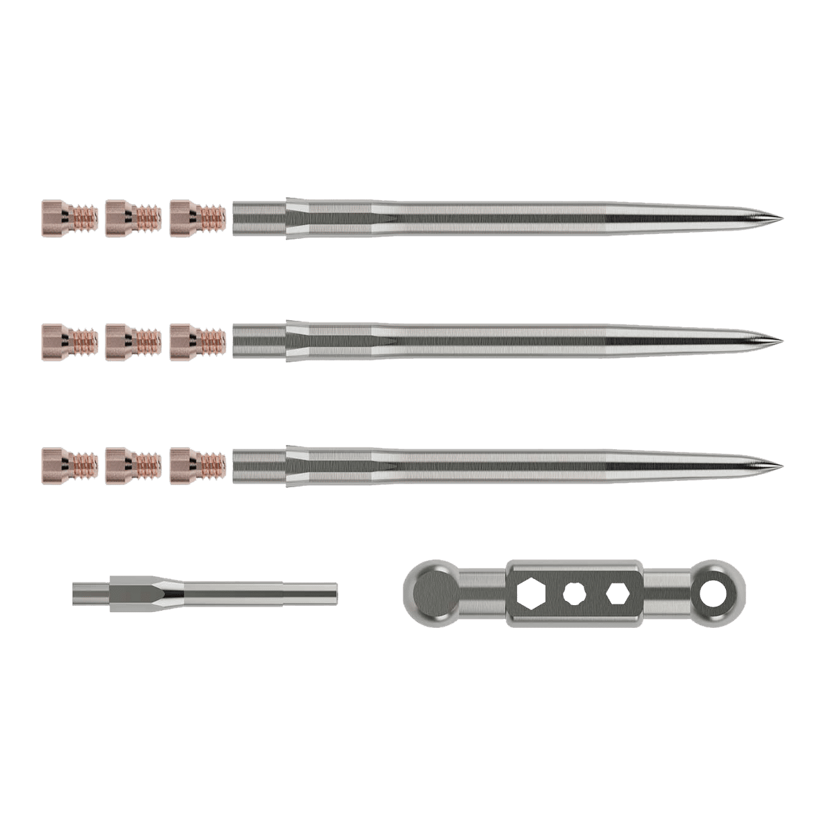 Caliburn Starter Kit Das Bild zeigt das Caliburn Starter-Kit mit mehreren metallischen Komponenten. Zu sehen sind lange, spitze Stäbe, kleine Schrauben sowie zwei weitere Werkzeugteile.