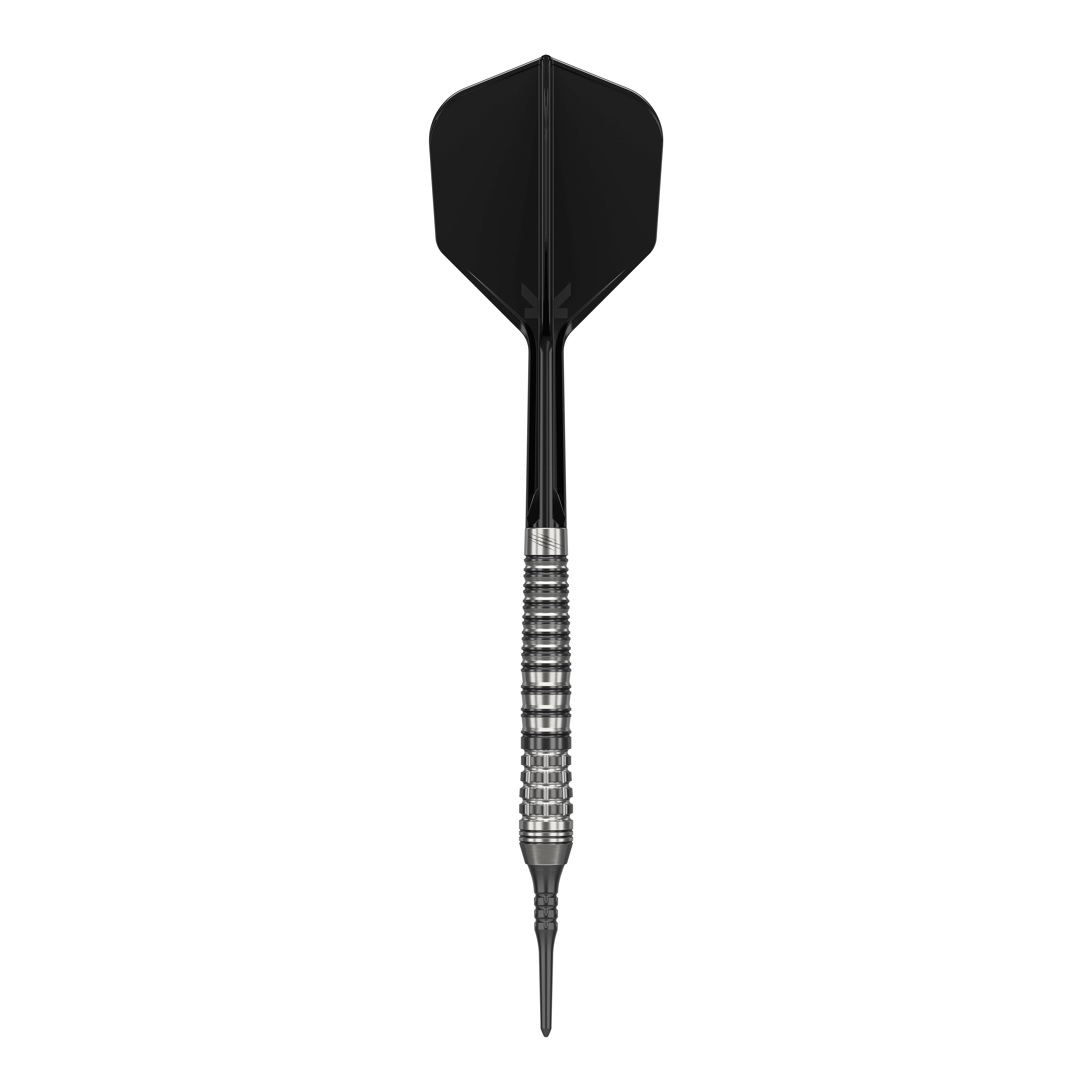 Target Japan Black Marque Renegade 4 Softdarts - 19g Das Bild zeigt einen schwarzen Softdart namens "Target Japan Black Marque Renegade 4" mit einem Gewicht von 19g. Der Dart hat ein elegantes Design mit einem strukturierten Griff und schwarzer Spitze sowie schwarzem Flight.