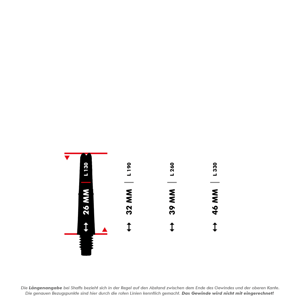 L-L-Style-Shafts Locked Straight - Clear Das Bild zeigt vier verschiedene Längen von Dartshafts mit den Abmessungen 26 mm, 32 mm, 39 mm und 46 mm. Die rote Linie markiert, dass die Längenangabe ohne das Gewinde gemessen wird.