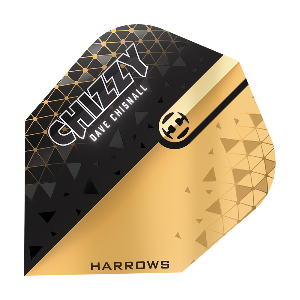 Harrows Prime Dave Chisnall Chizzy 2 No6 Flights Das Bild zeigt ein Dartflight-Design in Schwarz und Gold mit geometrischen Mustern. Auf dem Flight stehen die Namen "CHIZZY", "Dave Chisnall" und "HARROWS".