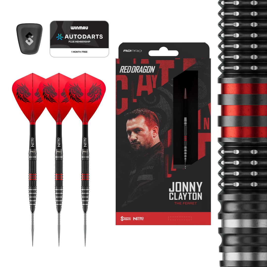 Red Dragon Jonny Clayton RD-PRO Switch Point Steel Darts Dieses Bild zeigt die Red Dragon Jonny Clayton RD-PRO Switch Point Steeldarts. Die Darts liegen auf einem hellen Hintergrund.