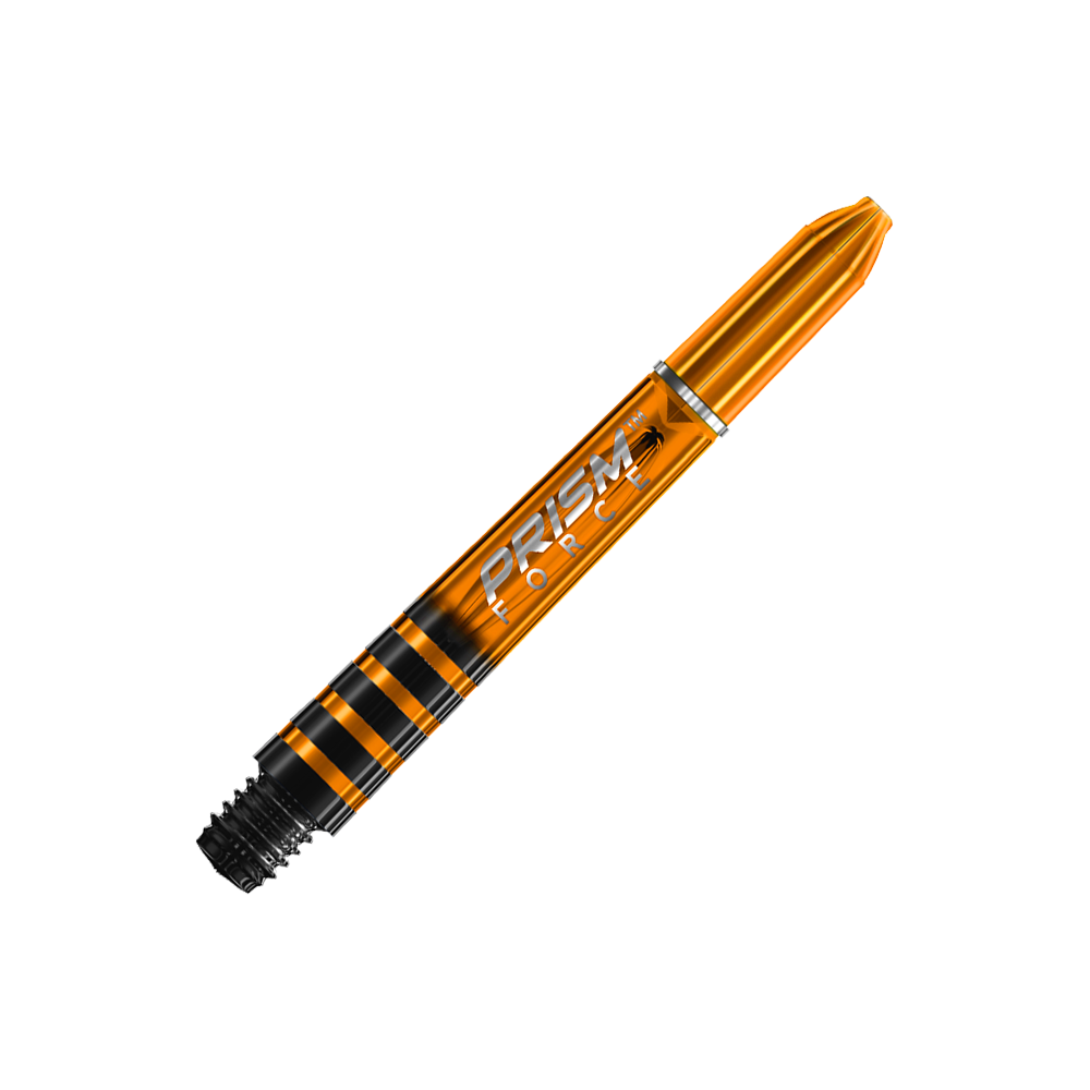 Das Bild zeigt einen orangefarbenen Winmau Prism Force Shaft. Auf dem Shaft steht der Schriftzug "PRISM FORCE" in weißer Schrift.