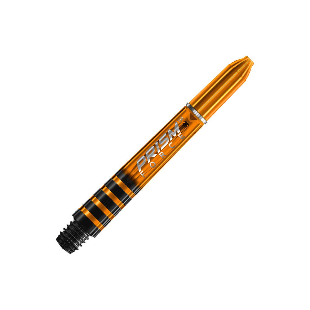 7020-107_Winmau_Prism_Force_Shafts_Orange_35mm_2hsIZF2VHJMTCV Das Bild zeigt einen orangefarbenen Winmau Prism Force Shaft. Auf dem Shaft steht der Schriftzug "PRISM FORCE" in weißer Schrift.