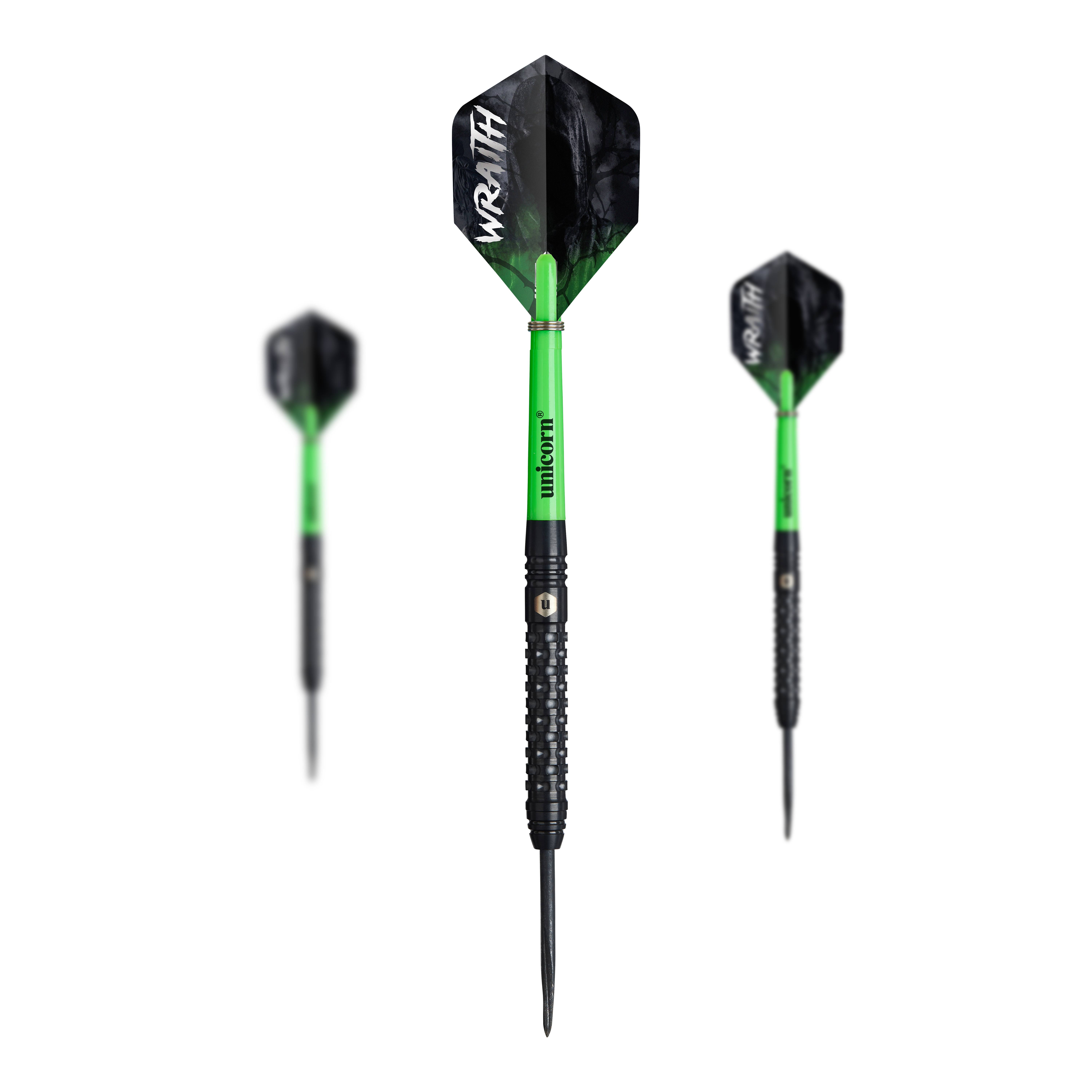 Unicorn Wraith steel darts Auf dem Bild sind drei Unicorn Wraith Steeldarts zu sehen. Die Darts haben schwarze Spitzen, grüne Schäfte und schwarze Flights mit der Aufschrift "WRAITH".