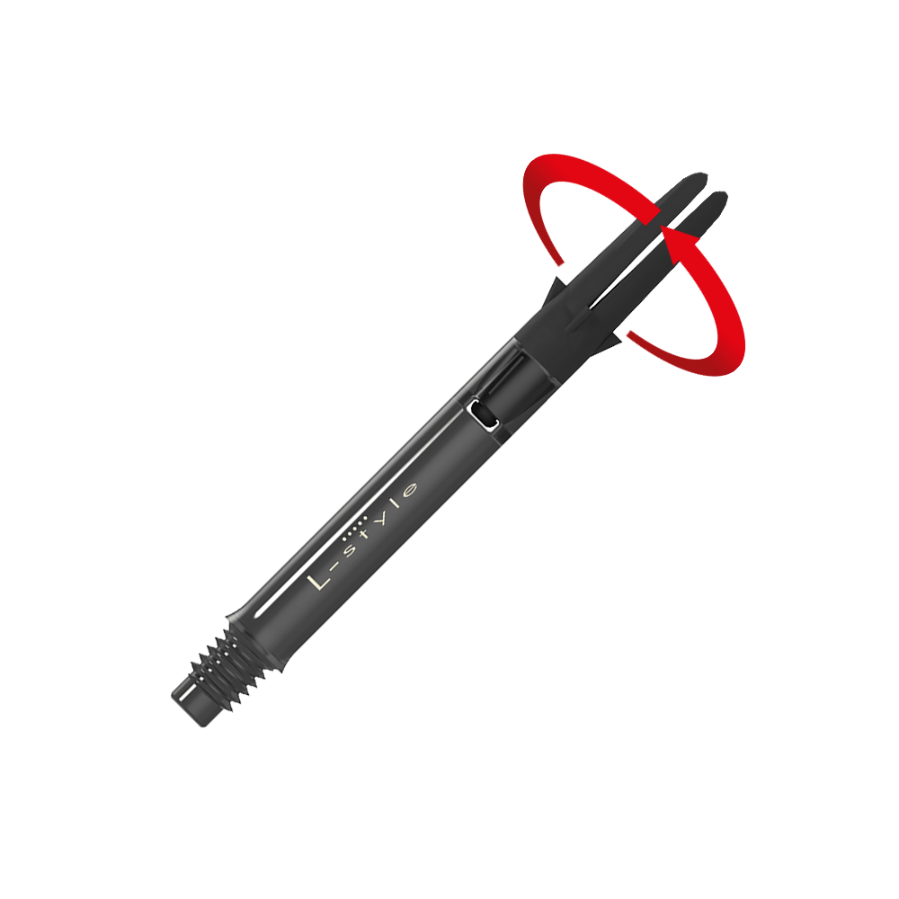 L-L-Style-Shaft Carbon Silent Straight - Schwarz Das Bild zeigt einen schwarzen Dart-Schaft aus Carbon der Marke L-Style. Am oberen Ende ist ein roter, drehender Bewegungseffekt dargestellt.