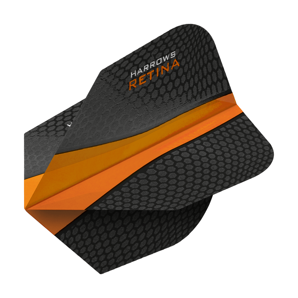 HR66_Harrows_Retina_Orange_No2_Standard_Flights_2 Das Bild zeigt ein schwarzes Dartflight mit Wabenmuster und orangem Streifen. Oben steht der Schriftzug "Harrows Retina".