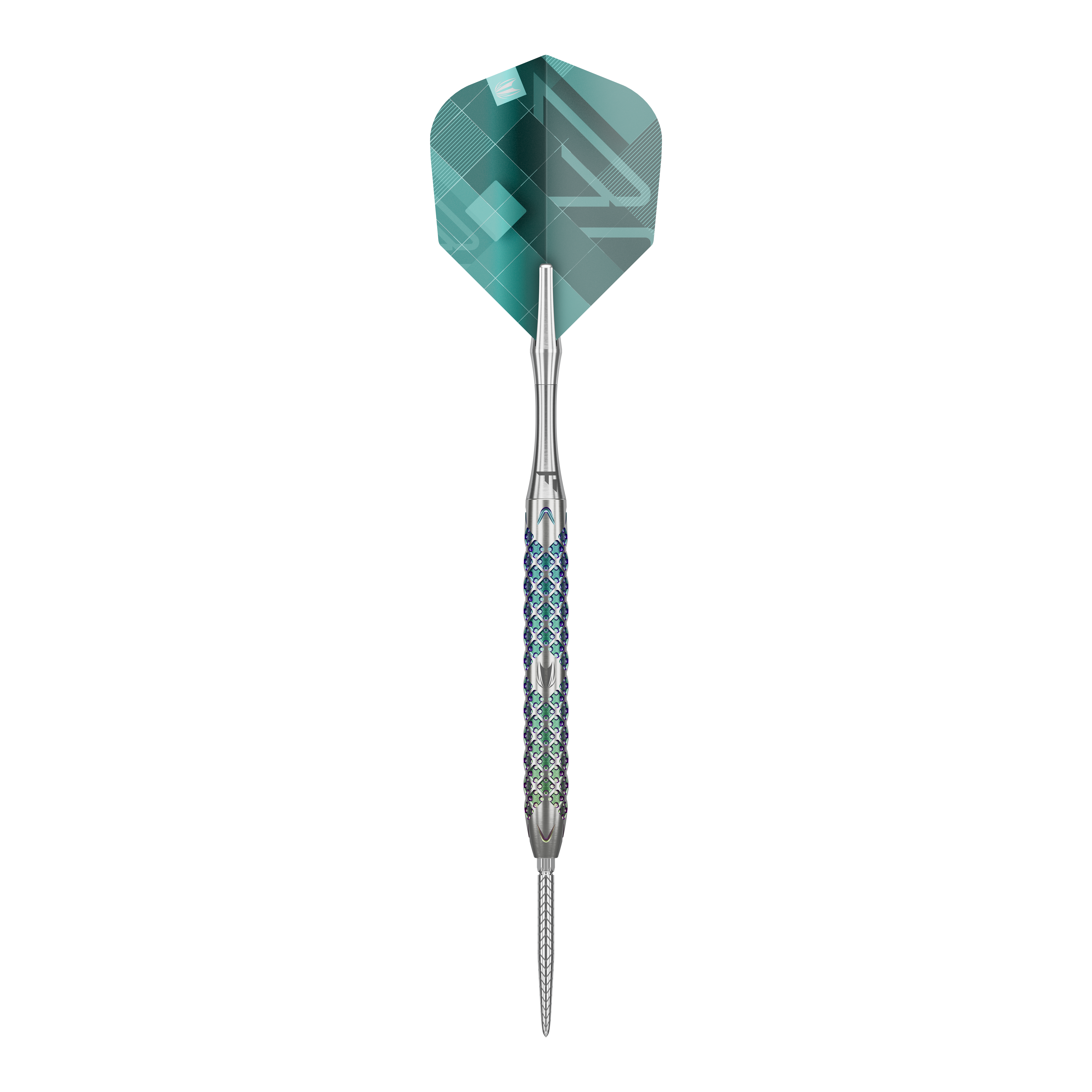 Target Rove 01 Swiss Point steel darts Das Bild zeigt den Target Rove 01 Swiss Point Steeldart. Der Dart hat ein silbernes Barrel mit einem blauen Muster und grüne Flights.