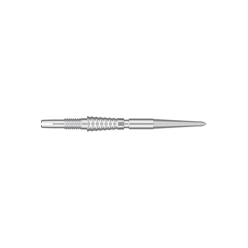 Target Swiss Storm LNC dart tips - silver Das Bild zeigt eine silberne Dartspitze. Sie ist lang, schmal und hat ein geriffeltes Griffstück in der Mitte.