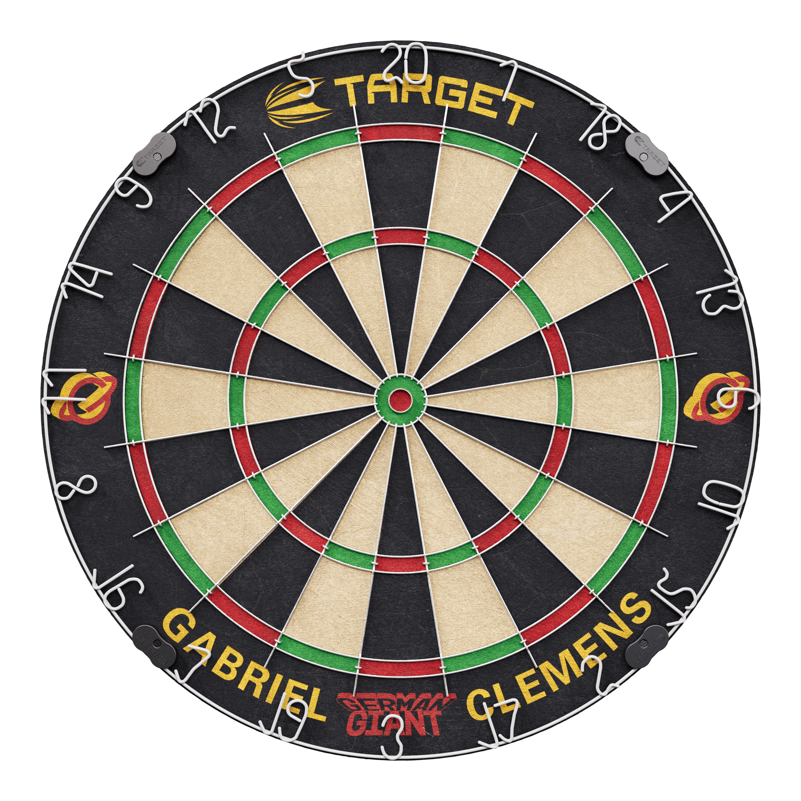 Target Gabriel Clemens steel dartboard set Dies ist eine Steeldartscheibe mit dem Namen "Target Gabriel Clemens Steeldartboard Set". Auf der unteren Seite sind die Wörter "Gabriel Clemens" und "German Giant" zu sehen.