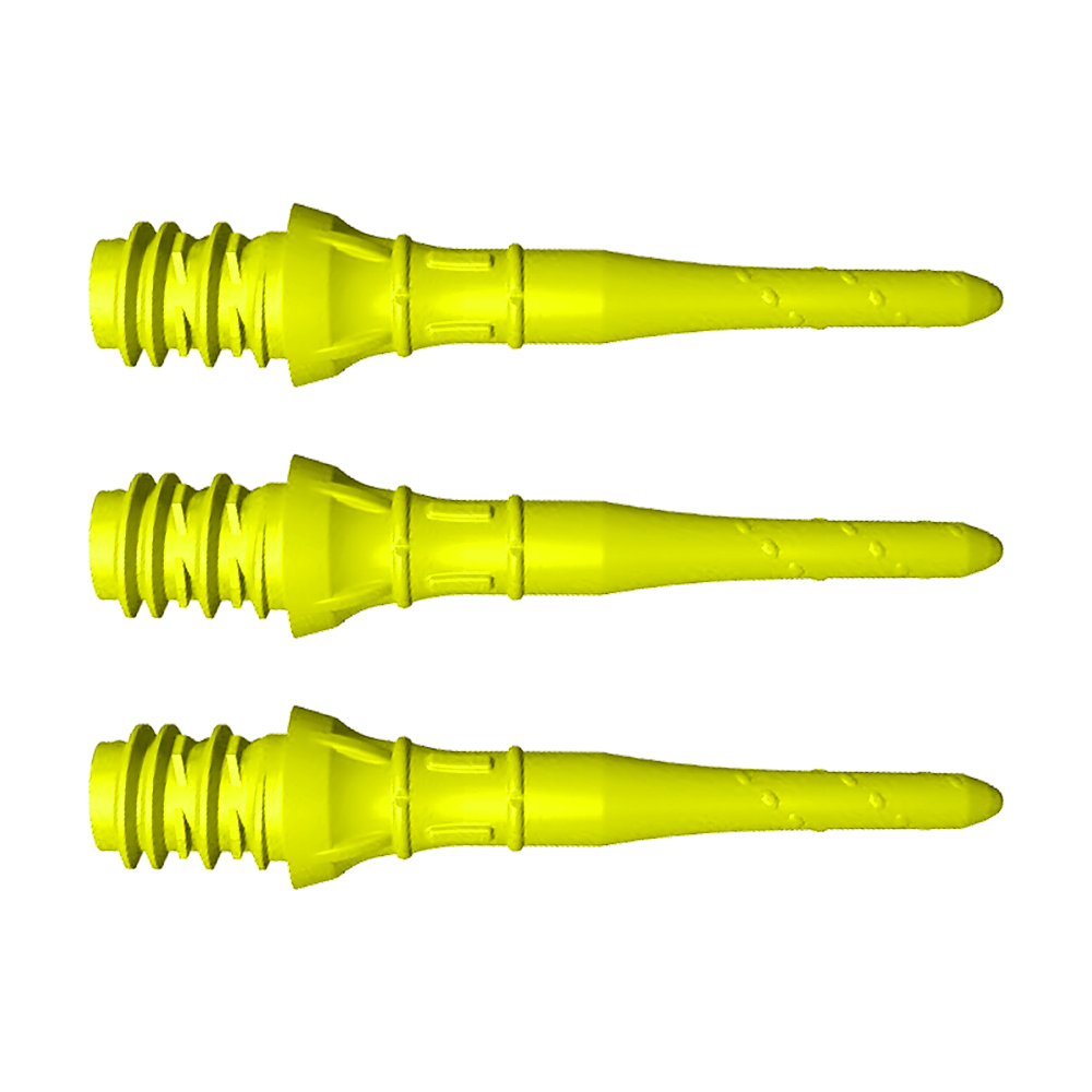 LIP40_L-Style_Premium_Lippoints_Short_Neongelb_1 Das Bild zeigt drei kurze, neon-gelbe Dartspitzen, die nebeneinander liegen. Sie haben ein Schraubgewinde und sind für Soft-Darts geeignet.