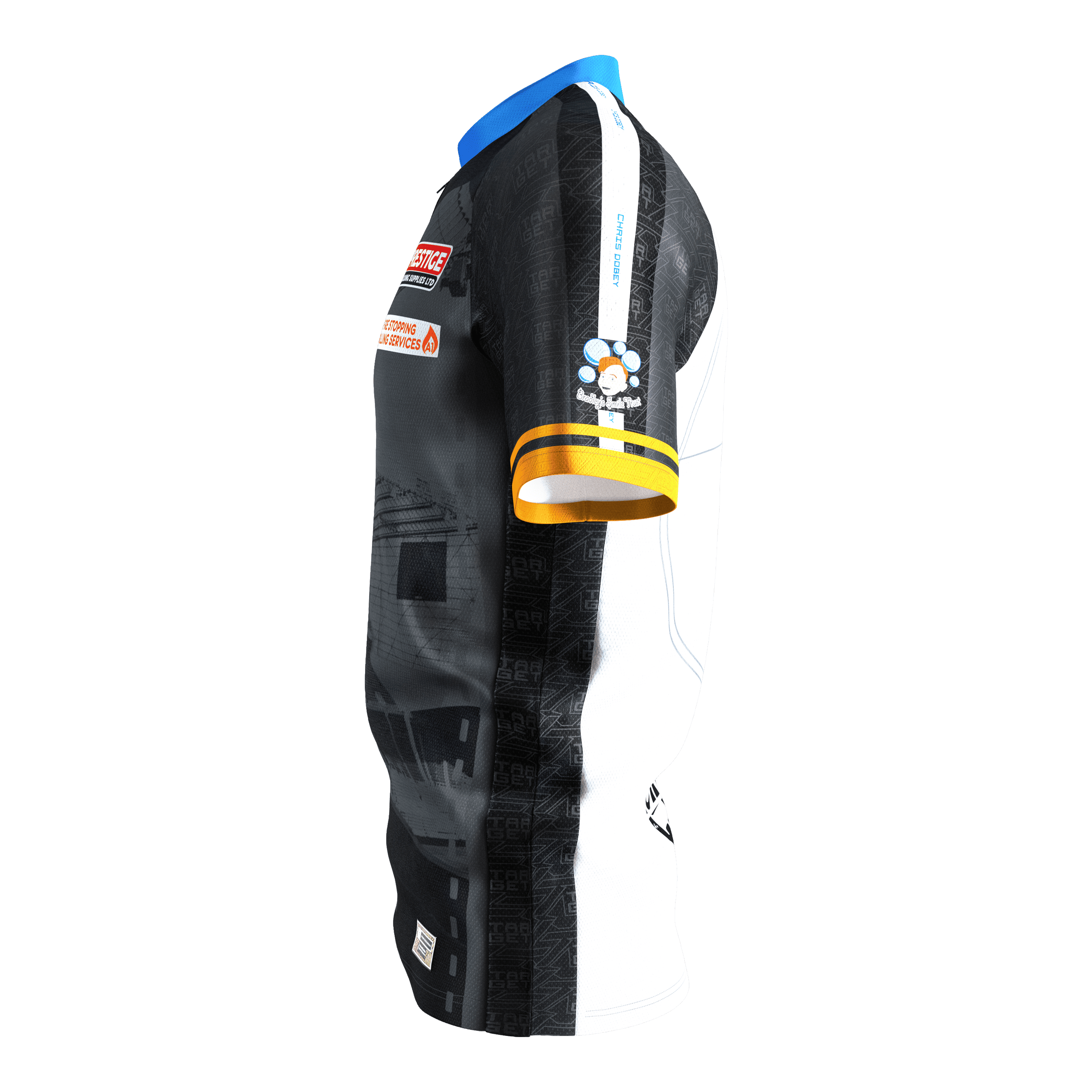 Target Coolplay Chris Dobey 2025 dart shirt Das Bild zeigt das "Target Coolplay Chris Dobey 2025 Dartshirt" aus seitlicher Ansicht. Das Shirt hat ein modernes Design mit schwarzen und weißen Bereichen sowie bunten Akzenten und Sponsorenlogos.