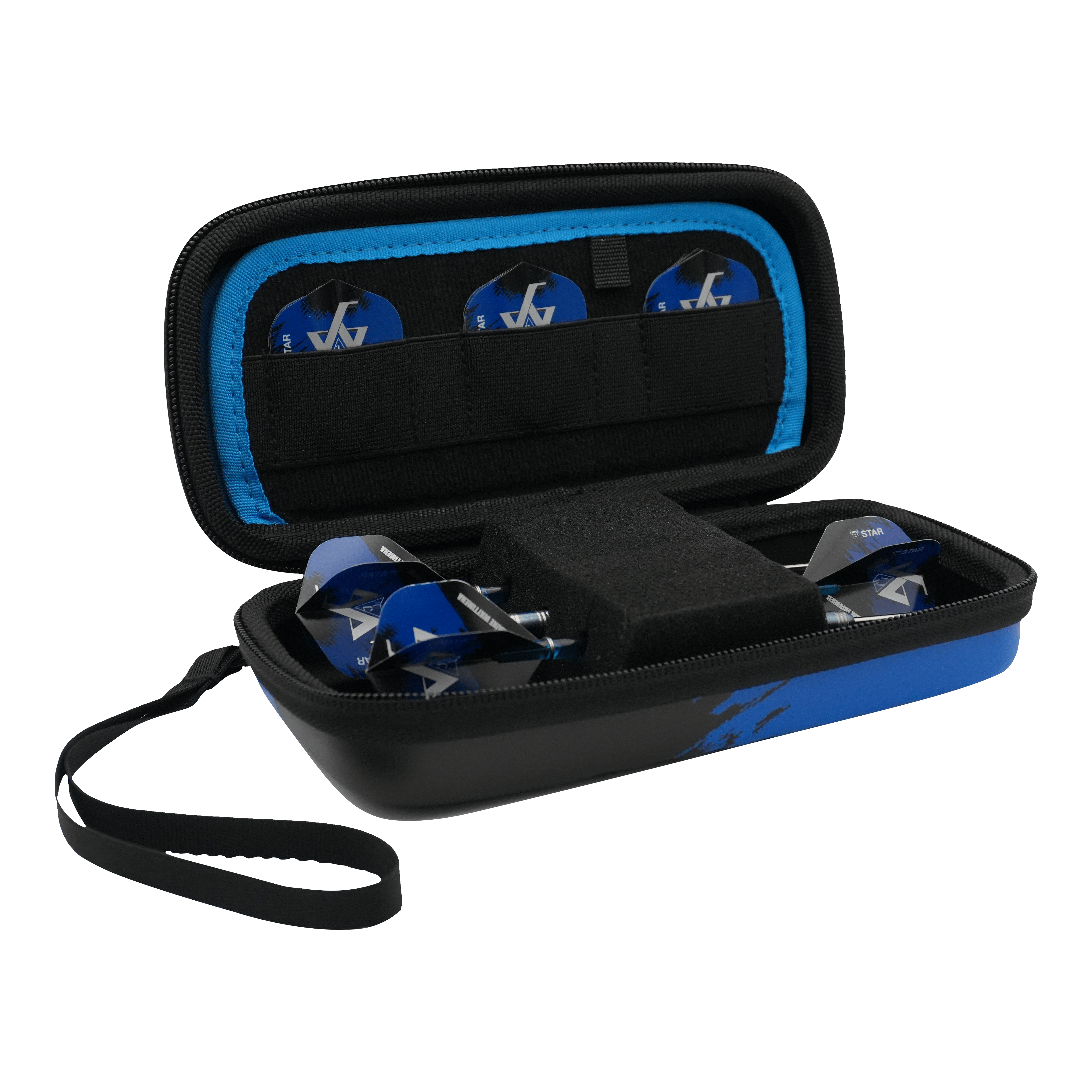 Bulls Orbis S Jermaine Wattimena dart case Das Bild zeigt das Bulls Orbis S Jermaine Wattimena Dartcase, das geöffnet ist. Im Inneren befinden sich blaue Darts und mehrere Dartflights ordentlich verstaut.