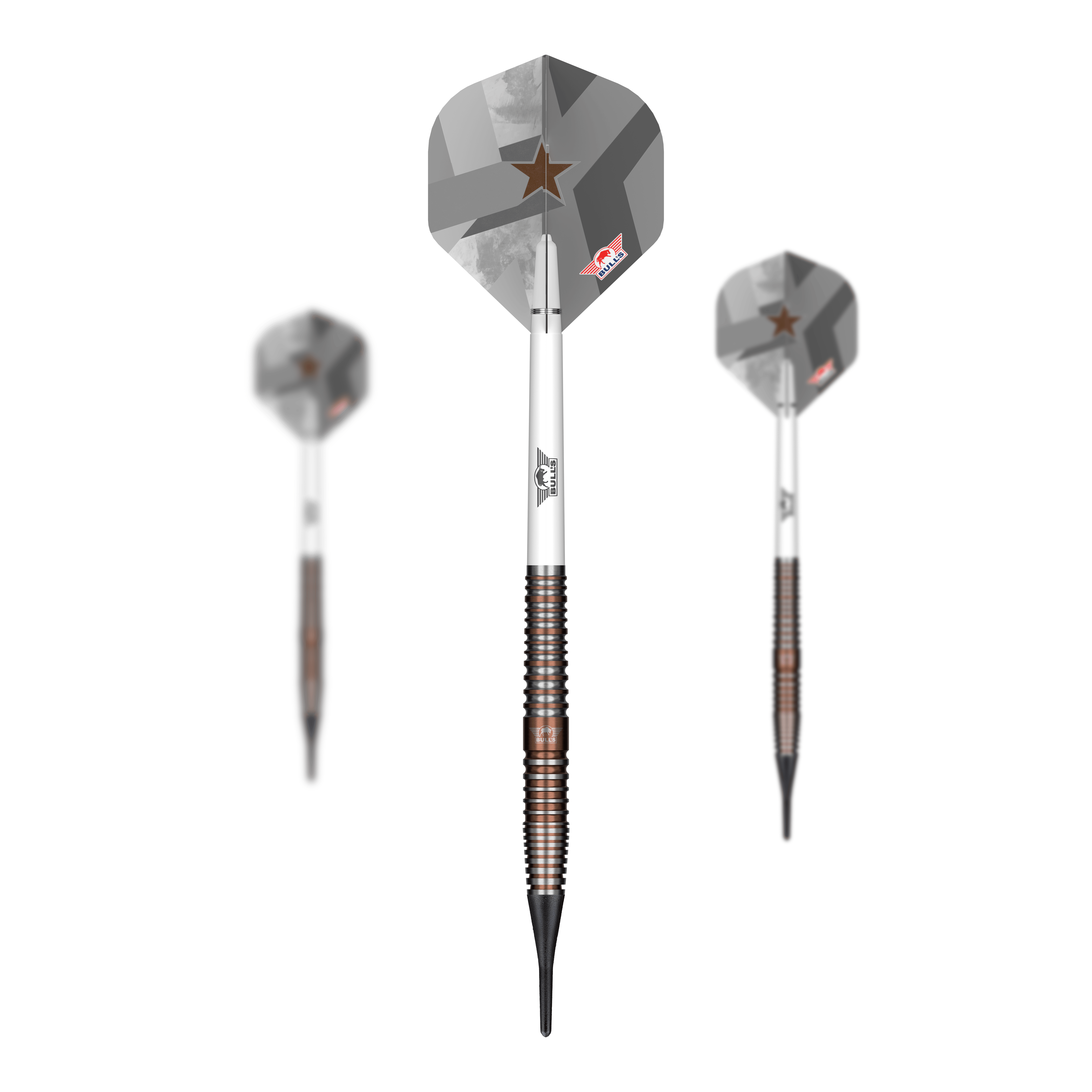 Bulls NL Max Hopp E5 soft darts - 20g Das Bild zeigt die Bulls NL Max Hopp E5 Softdarts mit einem Gewicht von 20g. Diese Softdarts sind speziell für präzises Dartspiel entwickelt.