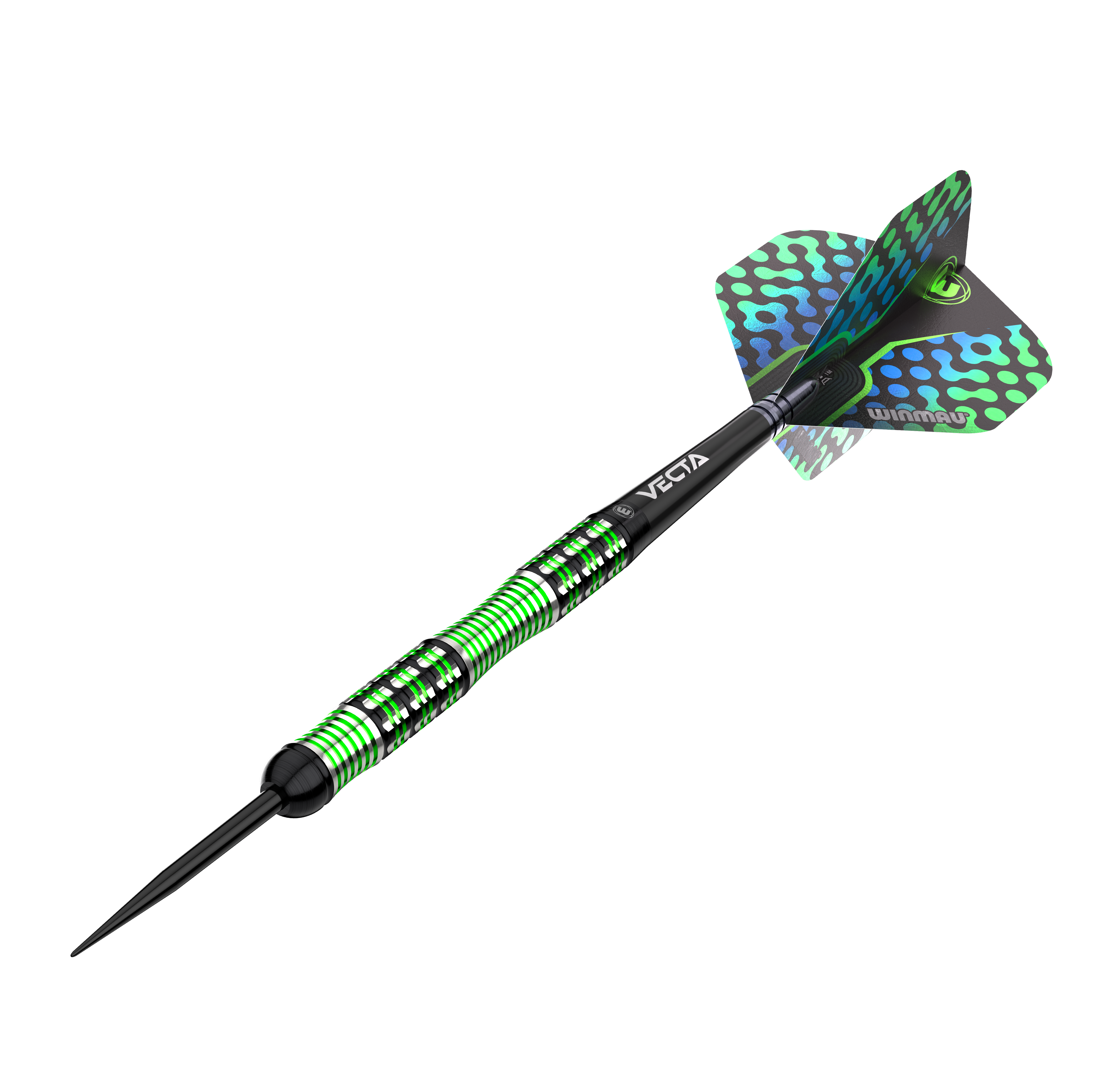 Winmau Brendan Dolan steel darts Das Bild zeigt einen Winmau Brendan Dolan Steeldart. Der Dart hat ein auffälliges Design mit grünen und schwarzen Akzenten.