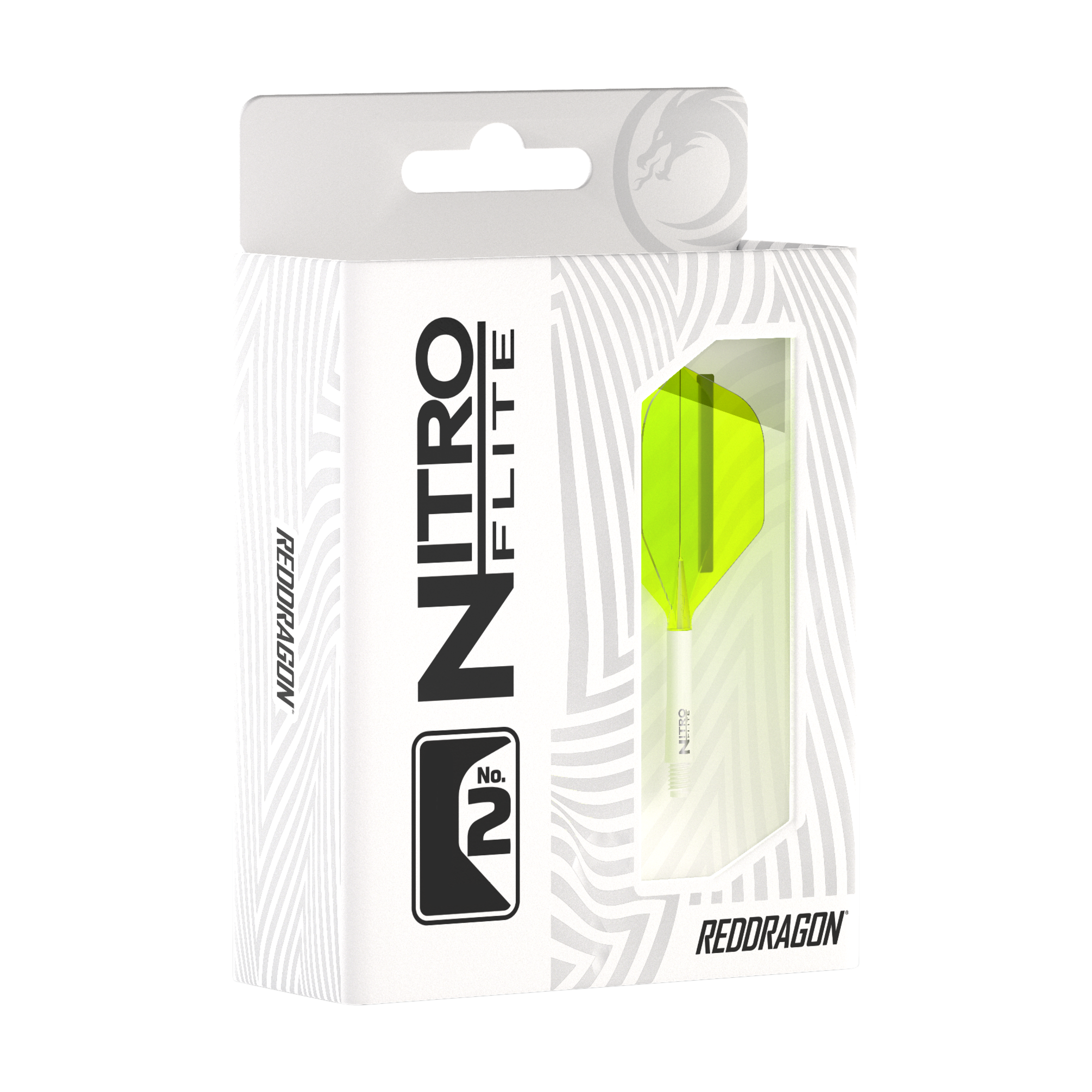 Red Dragon Nitroflite - White Shaft Yellow No2 Flights Die Abbildung zeigt eine Verpackung des Produkts "Red Dragon Nitroflite - White Shaft Yellow No2 Flights". In der Schachtel ist ein gelber Dart-Flügel mit weißem Schaft sichtbar.