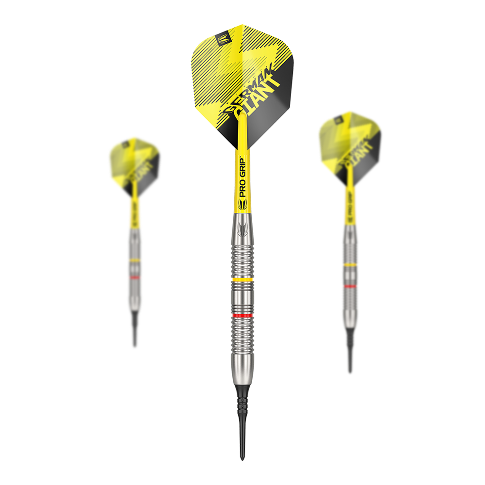 Target Gabriel Clemens Brass Softdarts - 18g Das Bild zeigt drei Target Gabriel Clemens Brass Softdarts mit einem Gewicht von 18g. Die Darts haben gelb-schwarze Flights und einen silbernen Barrel mit farbigen Ringen.