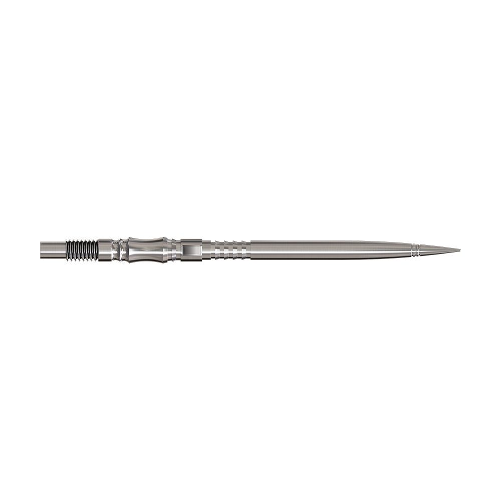 Axis Silver Elite Serie Dartspitzen in 40mm Länge werden gezeigt. Sie sind silberfarben und fein gearbeitet.